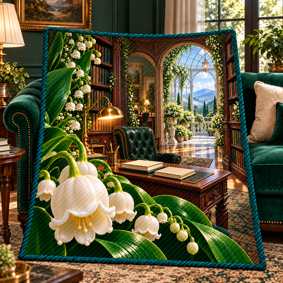 Lily Bell Scholar Atrium Quilt Blanket with printed optical 3D artwork in its use setting