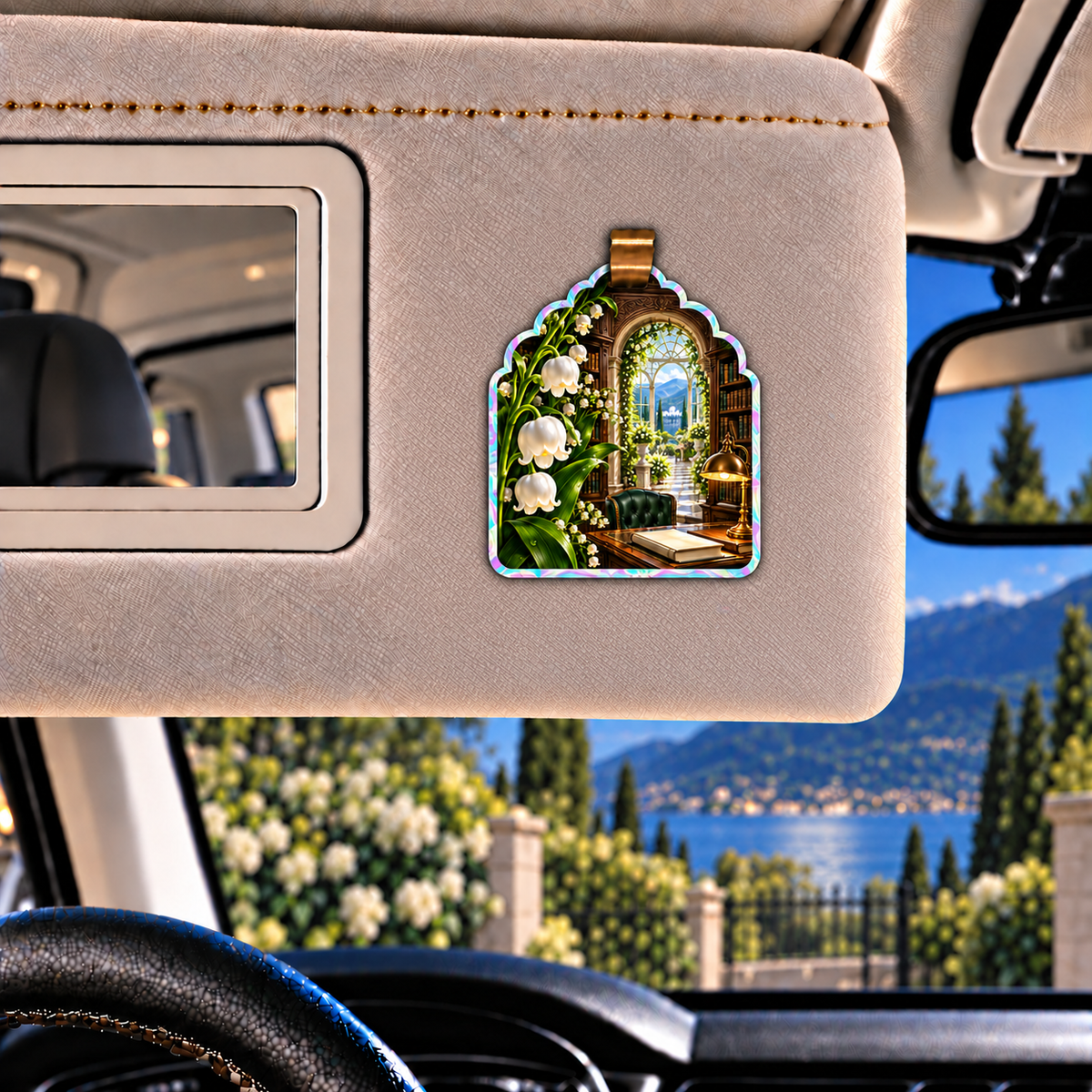 Lily Bell Scholar Atrium Holographic Car Visor Clip with printed optical 3D artwork in its use setting
