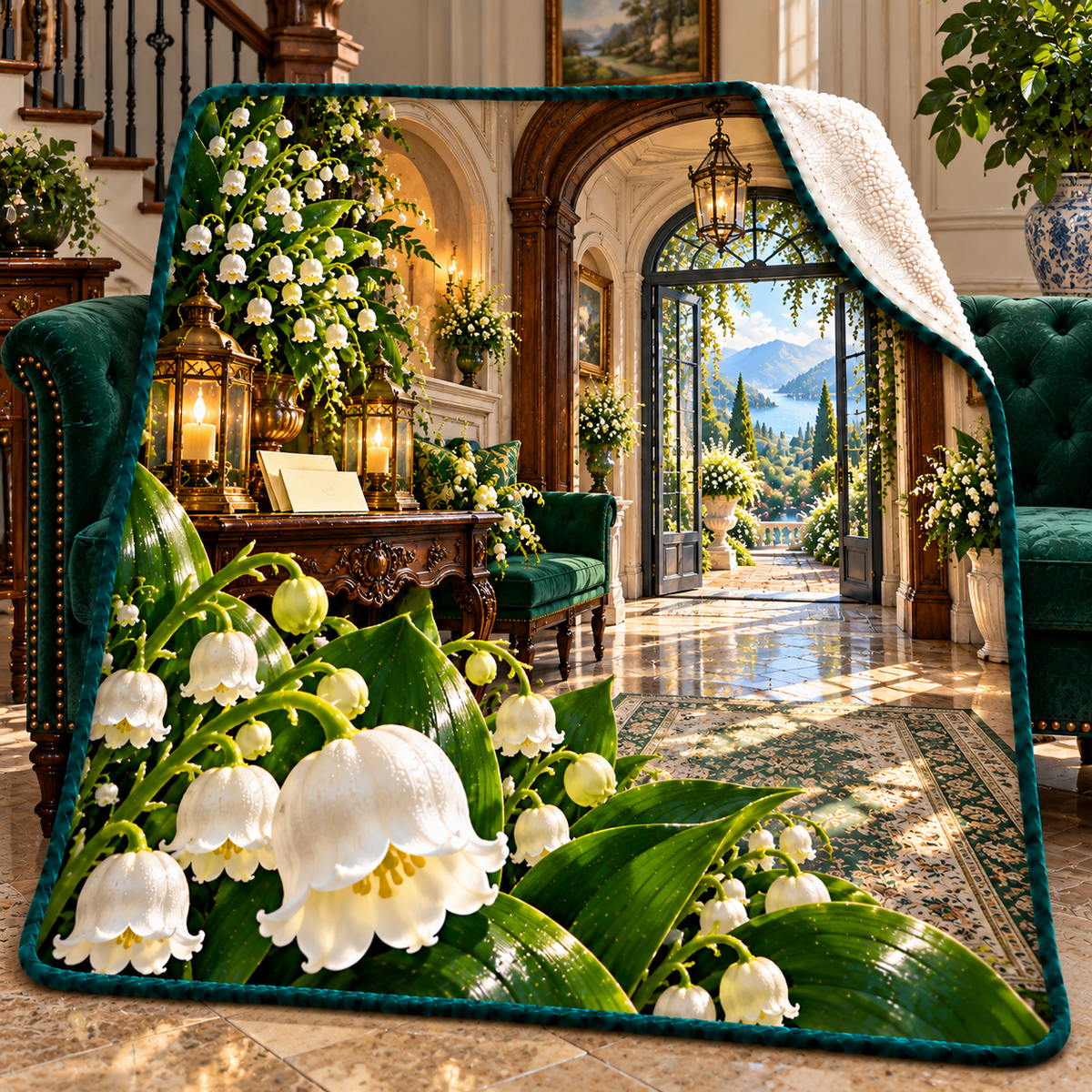 Lily Bell Welcome Manor Sherpa & Fleece Blanket with printed optical 3D artwork in its use setting