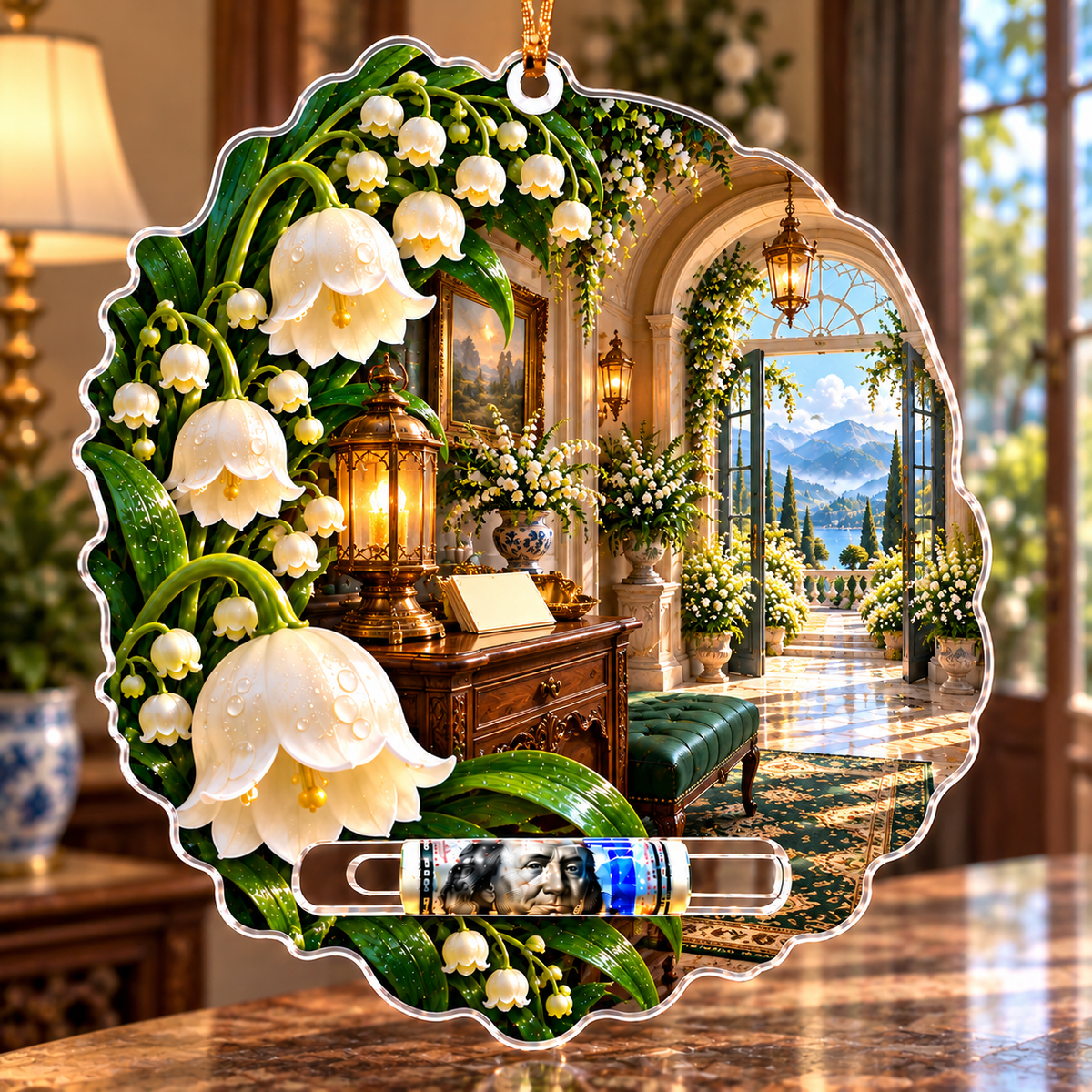 Lily Bell Welcome Manor Acrylic Cash Holder Ornament with printed optical 3D artwork in its use setting