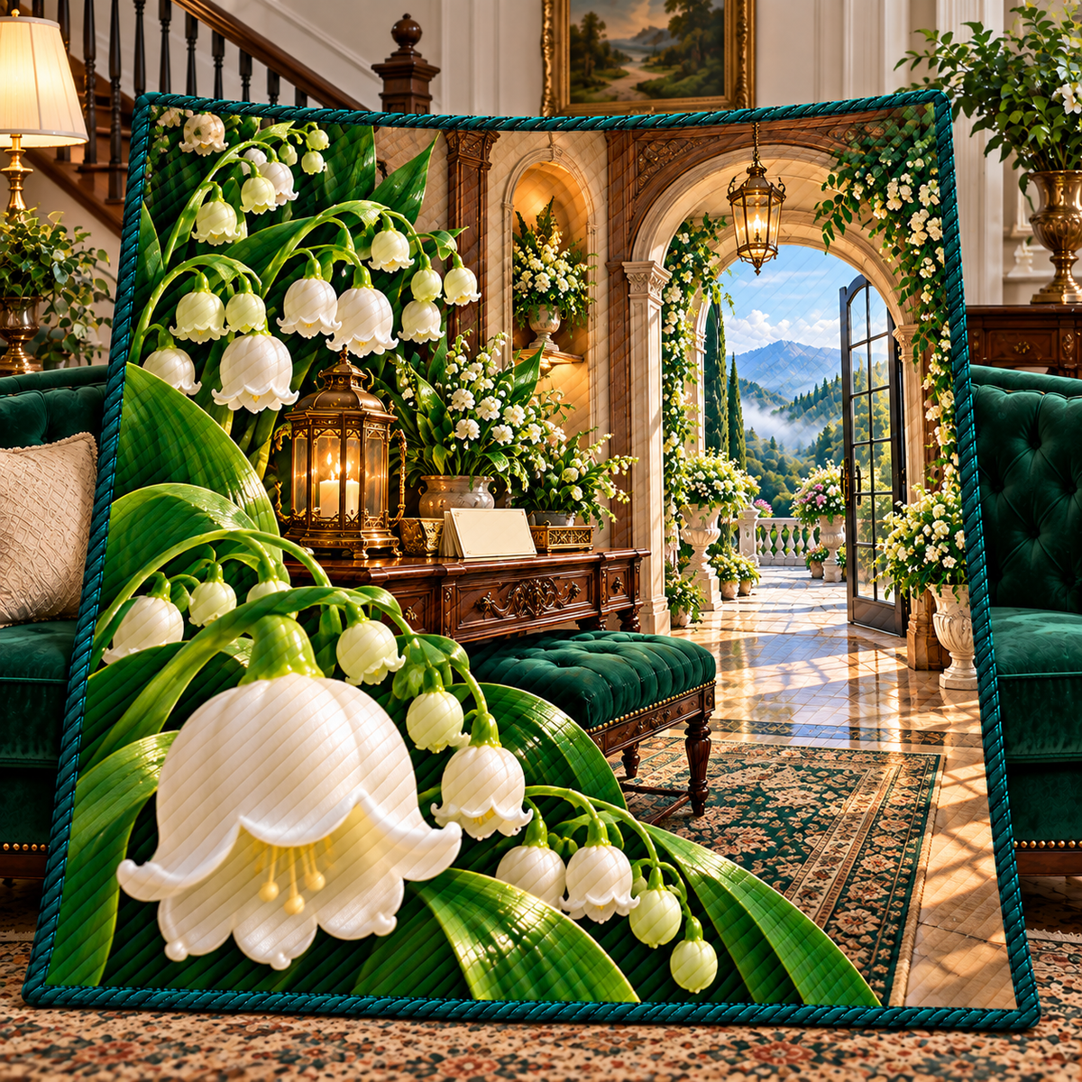 Lily Bell Welcome Manor Quilt Blanket with printed optical 3D artwork in its use setting