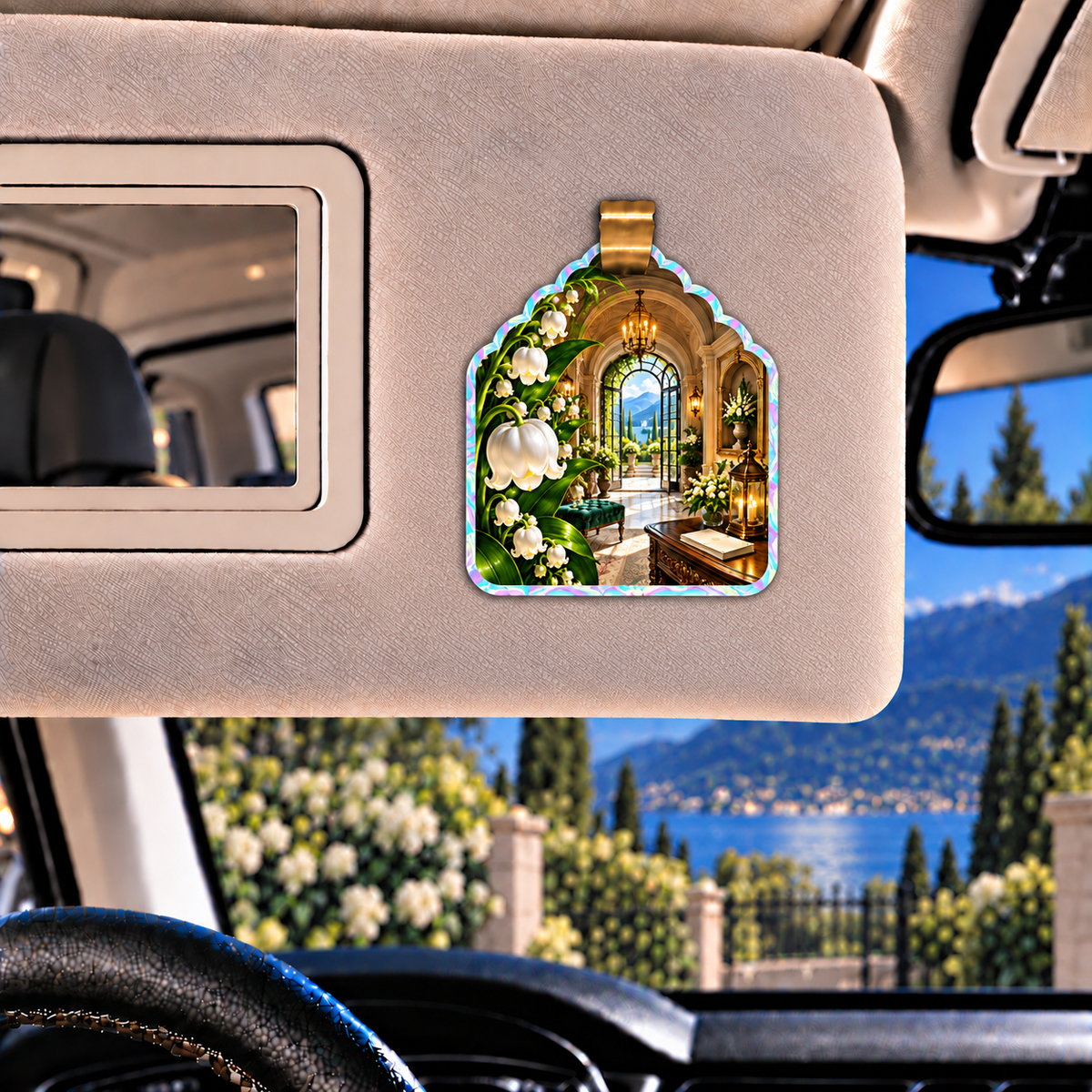 Lily Bell Welcome Manor Holographic Car Visor Clip with printed optical 3D artwork in its use setting
