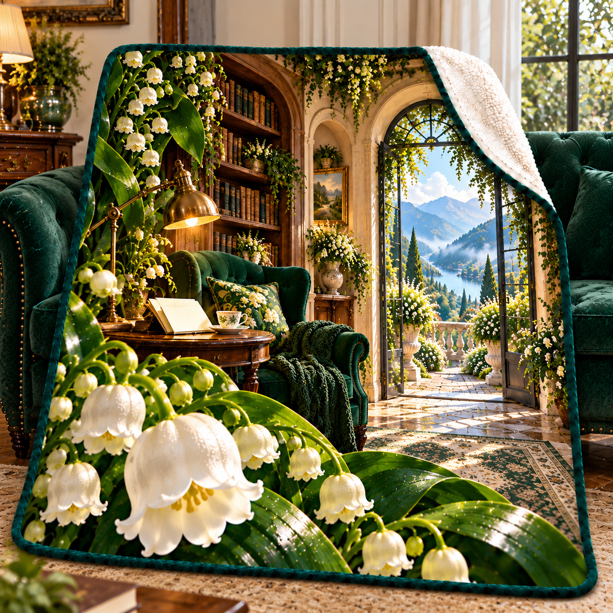 Lily Bell Quiet Alcove Sherpa & Fleece Blanket with printed optical 3D artwork in its use setting
