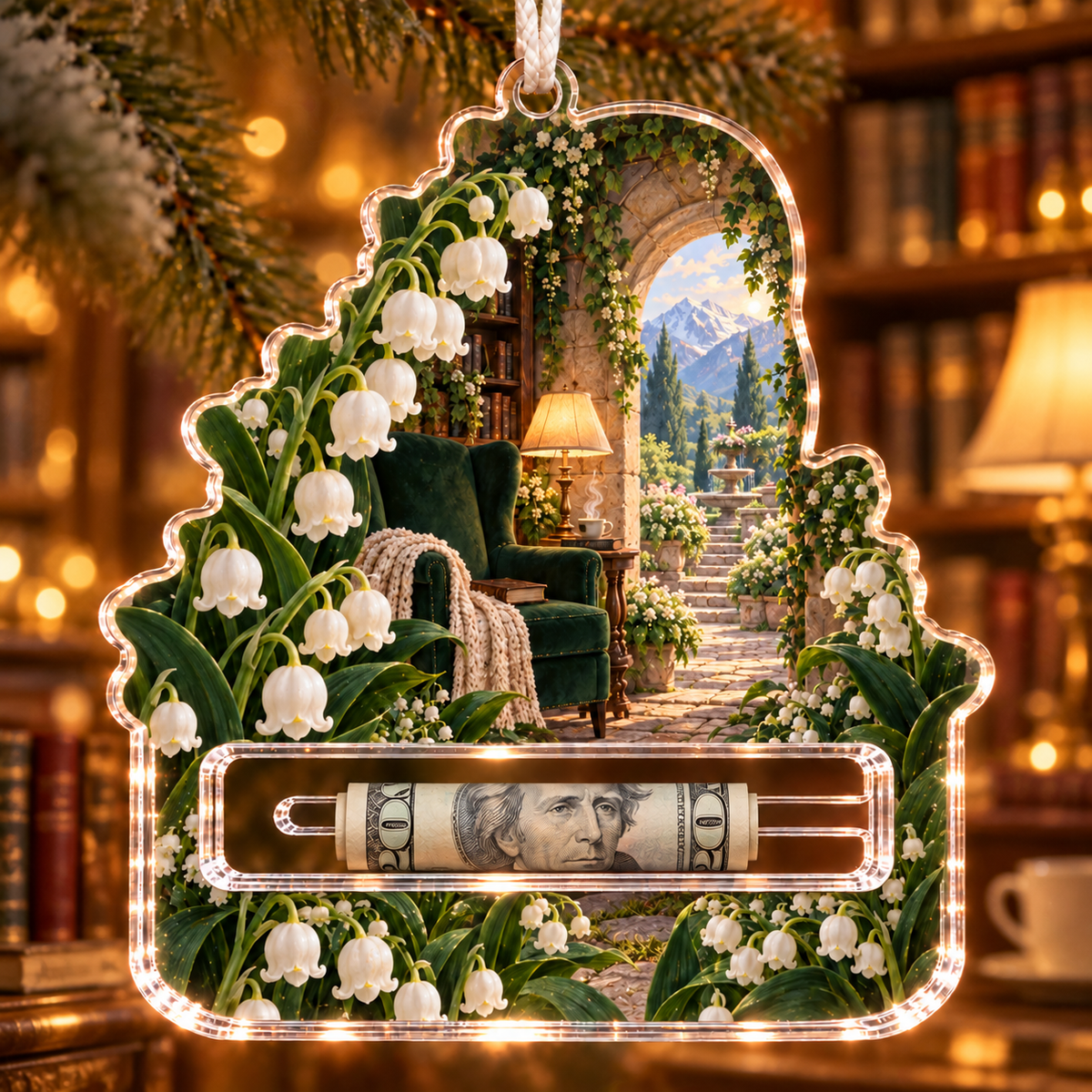 Lily Bell Quiet Alcove Acrylic Cash Holder Ornament with printed optical 3D artwork in its use setting