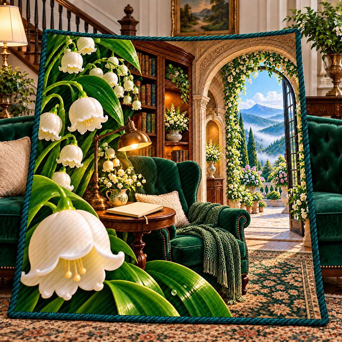 Lily Bell Quiet Alcove Quilt Blanket with printed optical 3D artwork in its use setting