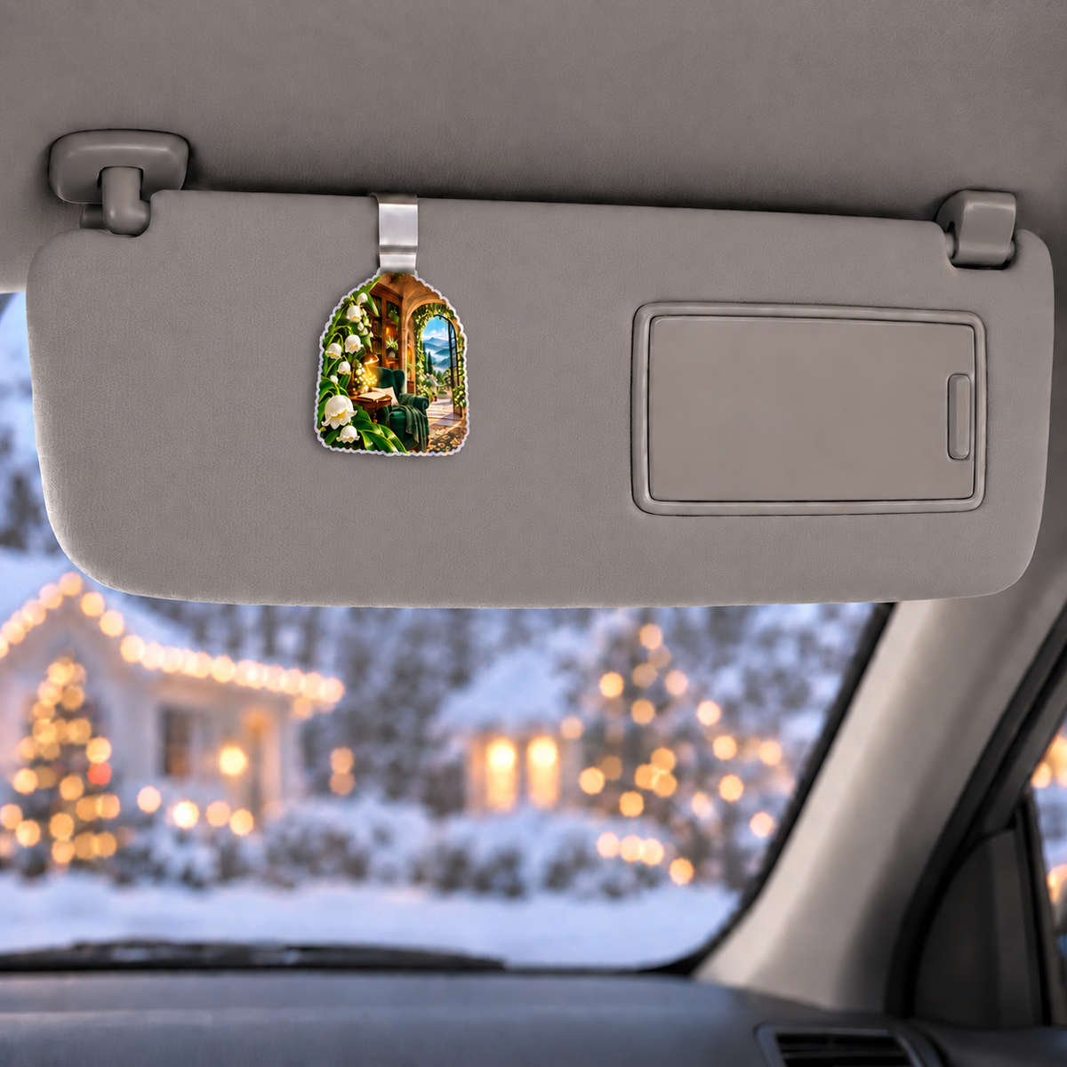 Lily Bell Quiet Alcove Holographic Car Visor Clip with printed optical 3D artwork in its use setting
