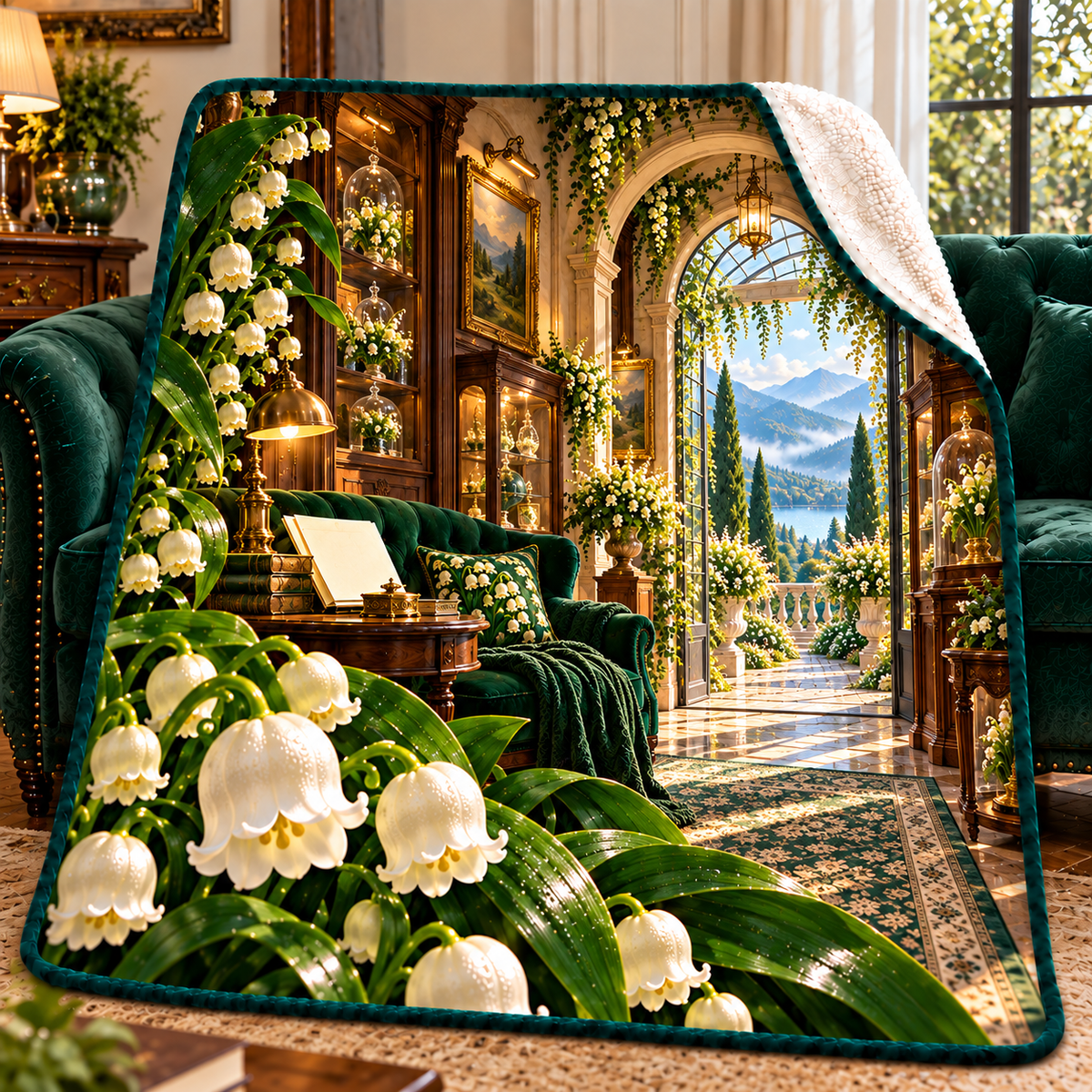 Lily Bell Curio Gallery Sherpa & Fleece Blanket with printed optical 3D artwork in its use setting