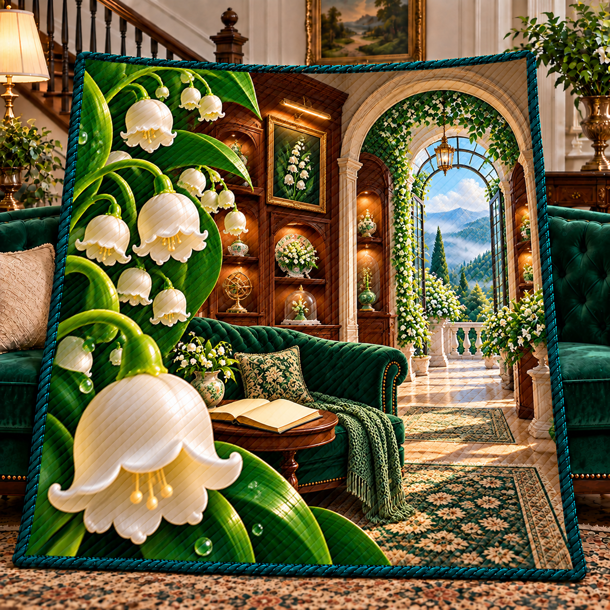 Lily Bell Curio Gallery Quilt Blanket with printed optical 3D artwork in its use setting