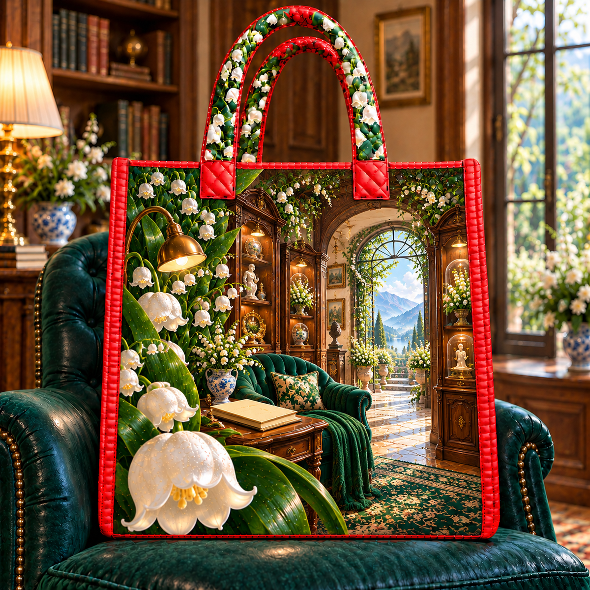 Lily Bell Curio Gallery Quilted Tote Bag with printed optical 3D artwork in its use setting
