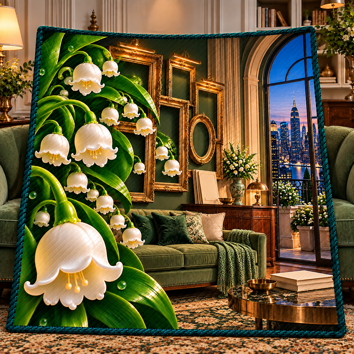 Lily Bell Salon Wall Quilt Blanket with printed optical 3D artwork in its use setting