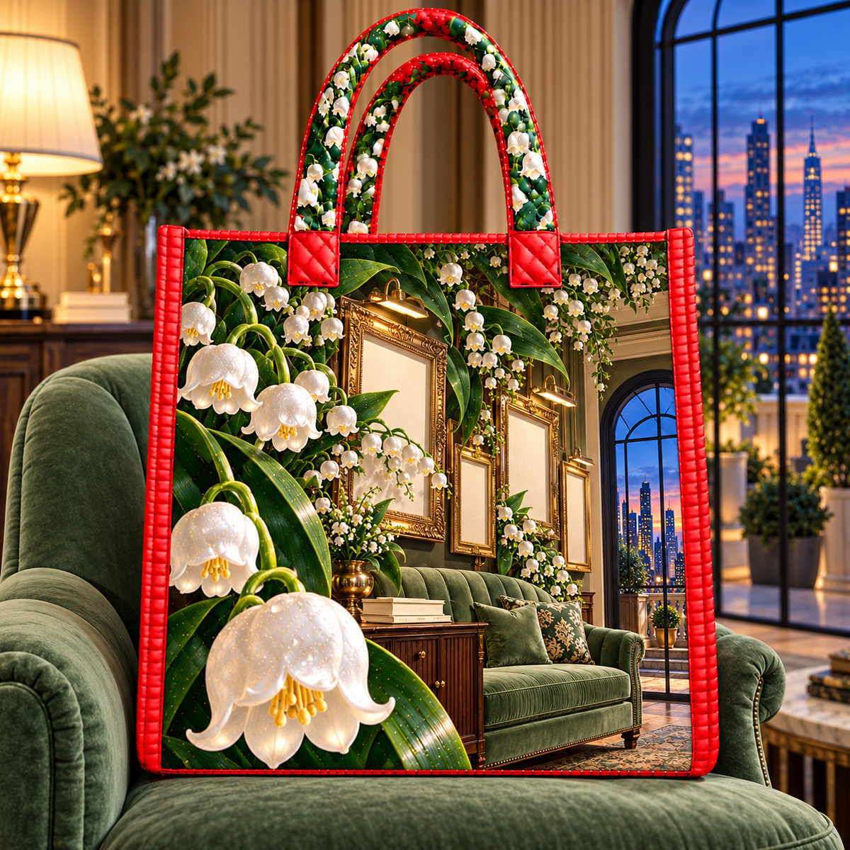 Lily Bell Salon Wall Quilted Tote Bag with printed optical 3D artwork in its use setting