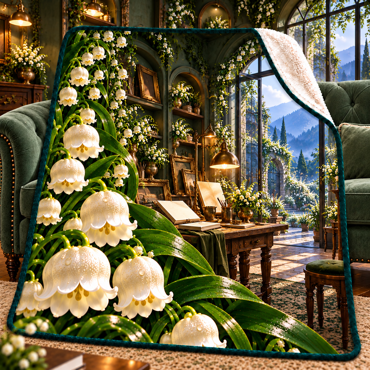 Lily Bell Maker Atelier Sherpa & Fleece Blanket with printed optical 3D artwork in its use setting