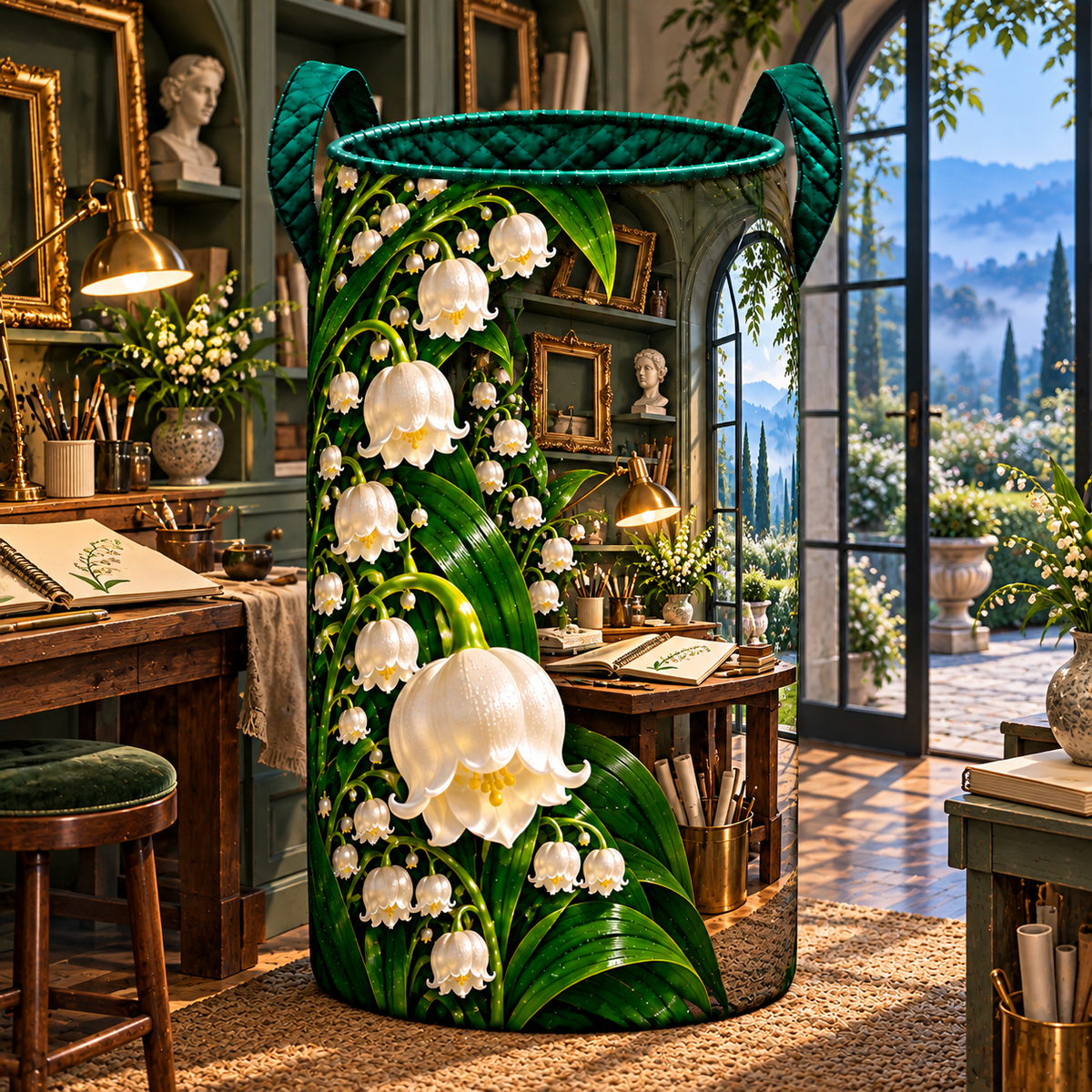 Lily Bell Maker Atelier Laundry Hamper with printed optical 3D artwork in its use setting