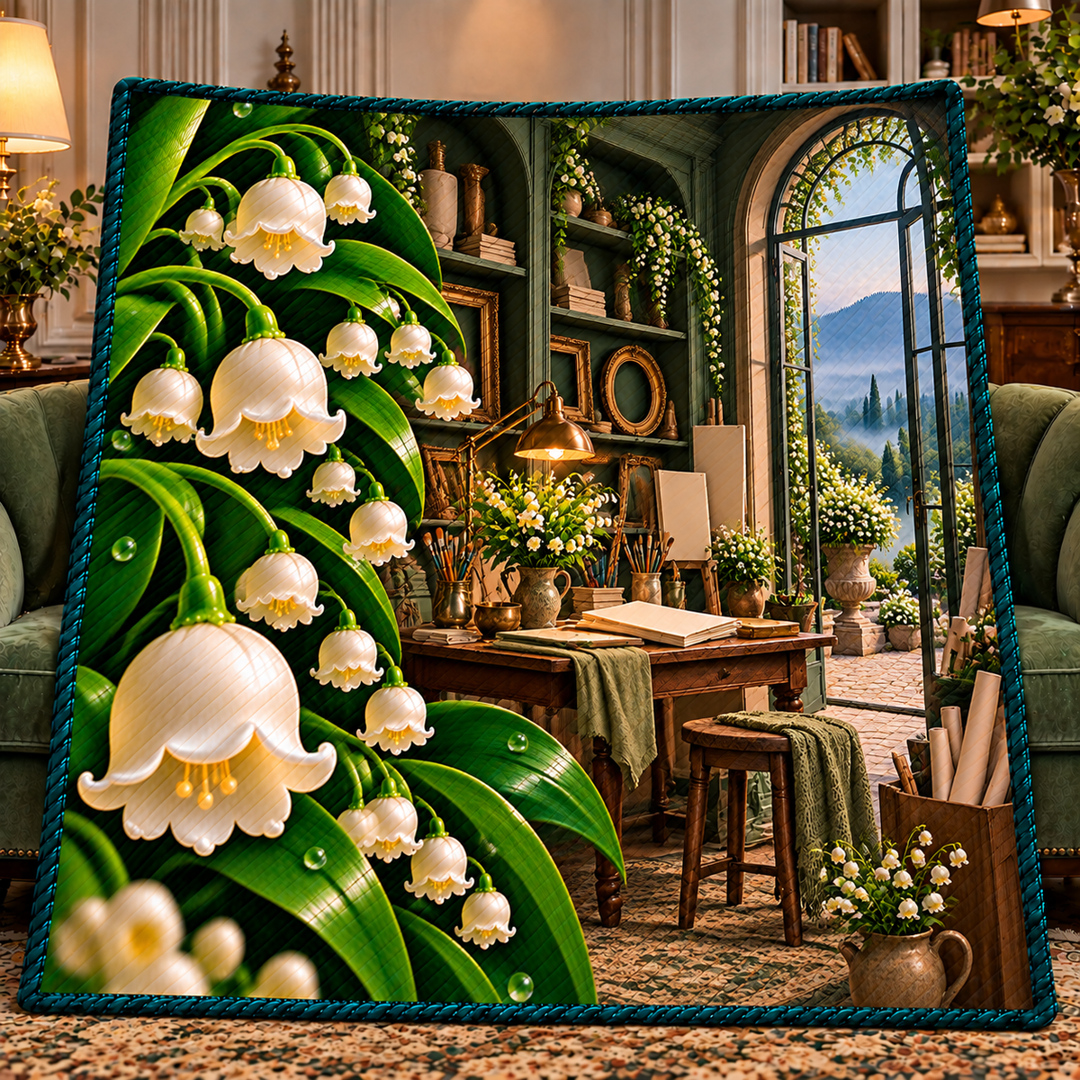 Lily Bell Maker Atelier Quilt Blanket with printed optical 3D artwork in its use setting