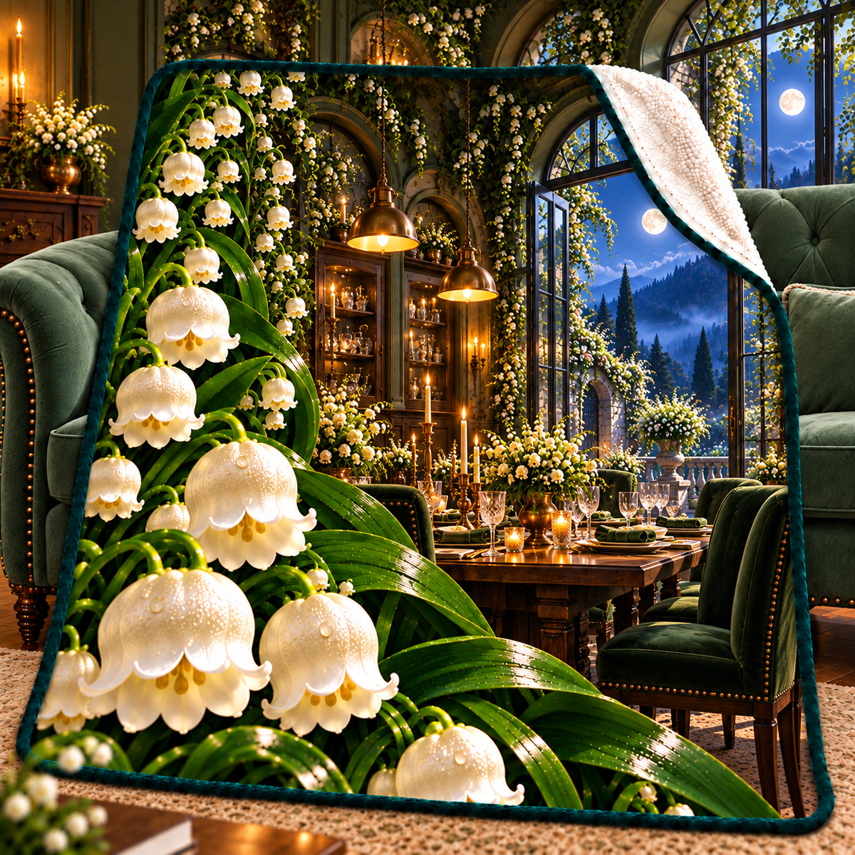 Lily Bell Welcome Supper Sherpa & Fleece Blanket with printed optical 3D artwork in its use setting