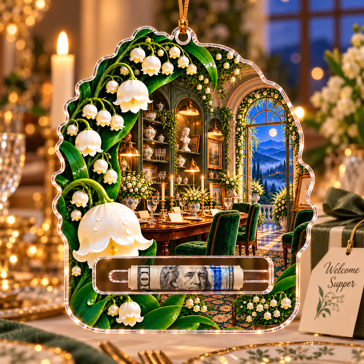 Lily Bell Welcome Supper Acrylic Cash Holder Ornament with printed optical 3D artwork in its use setting