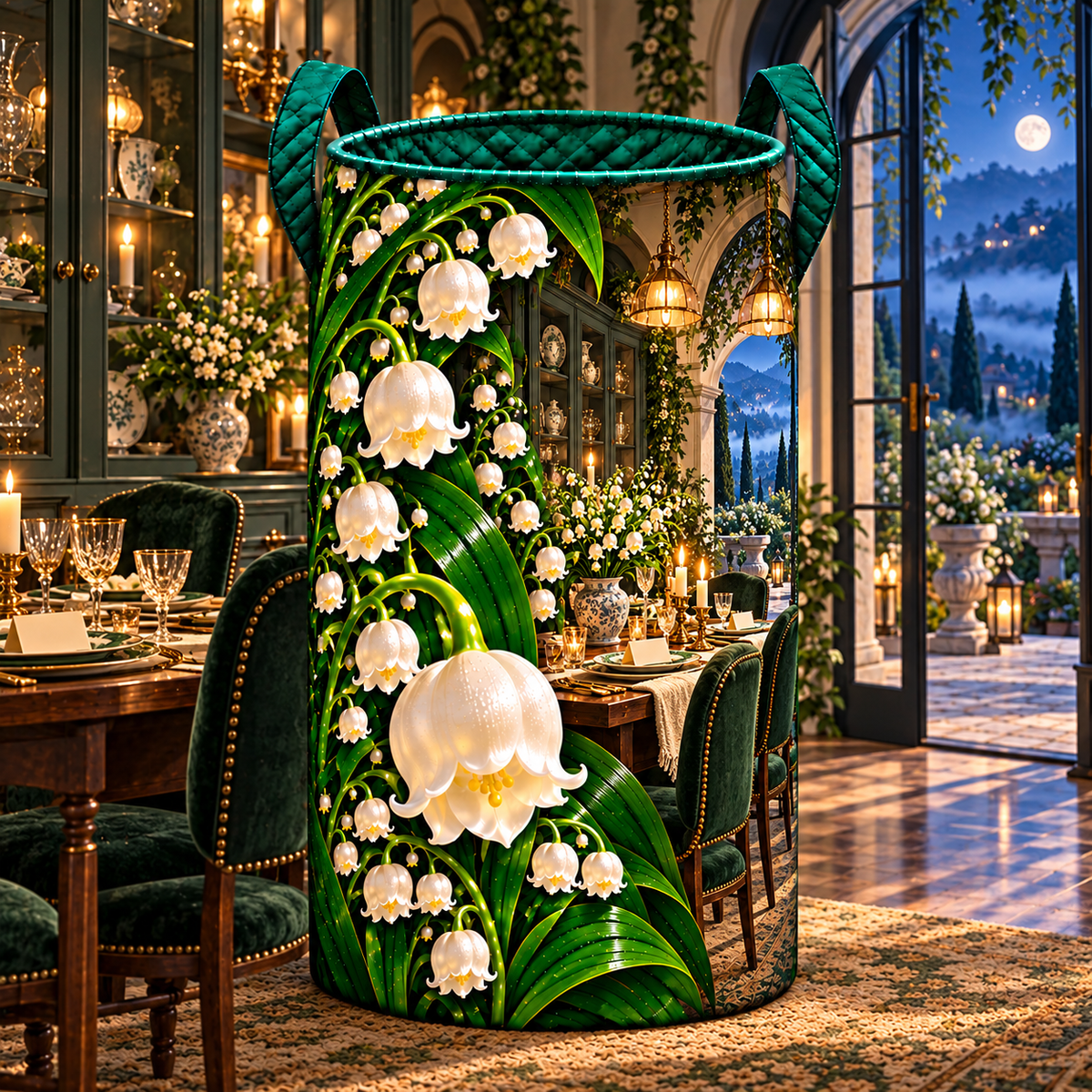 Lily Bell Welcome Supper Laundry Hamper with printed optical 3D artwork in its use setting