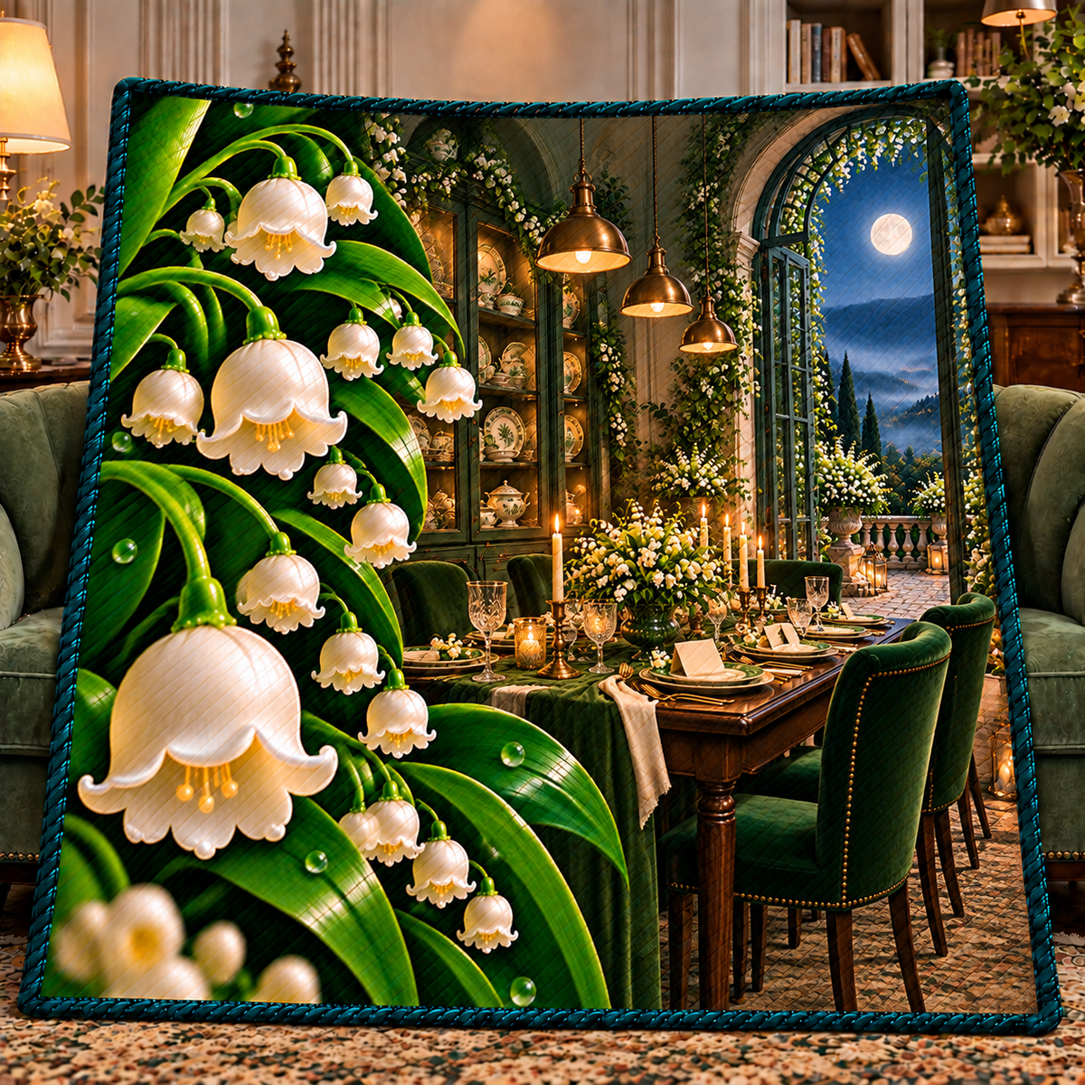 Lily Bell Welcome Supper Quilt Blanket with printed optical 3D artwork in its use setting