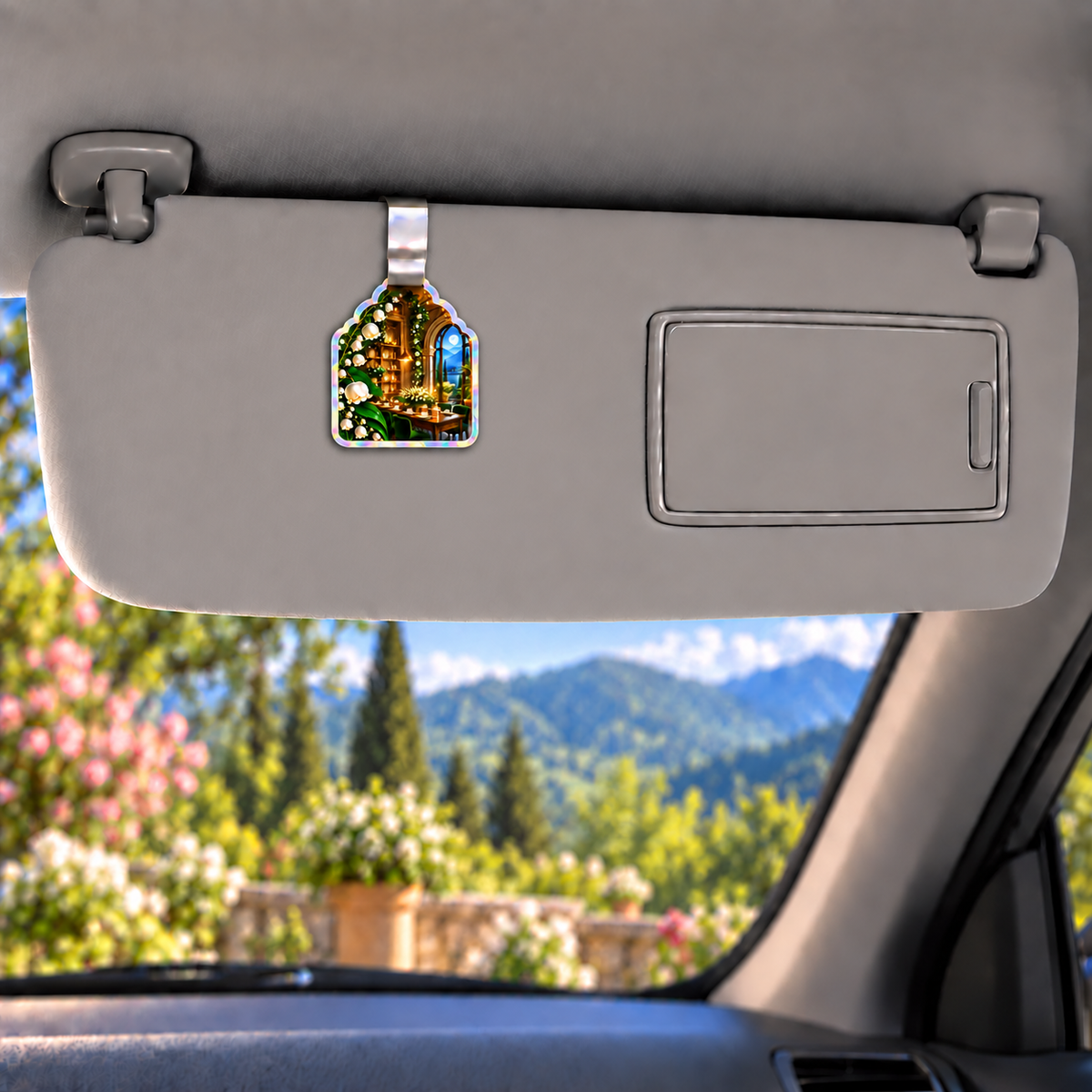 Lily Bell Welcome Supper Holographic Car Visor Clip with printed optical 3D artwork in its use setting