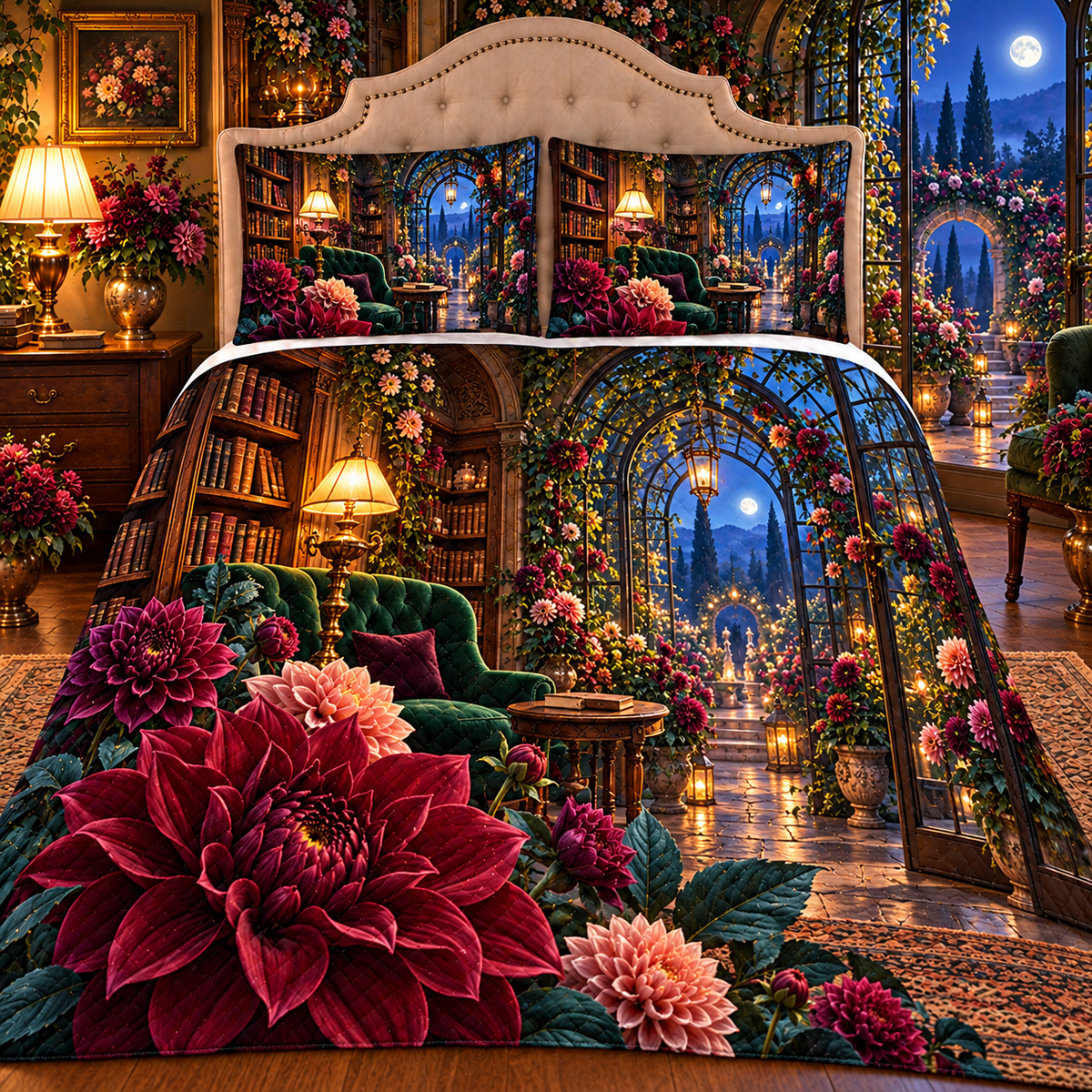 Dahlia Lantern Library Quilted Bedding Set with printed optical 3D artwork in its use setting