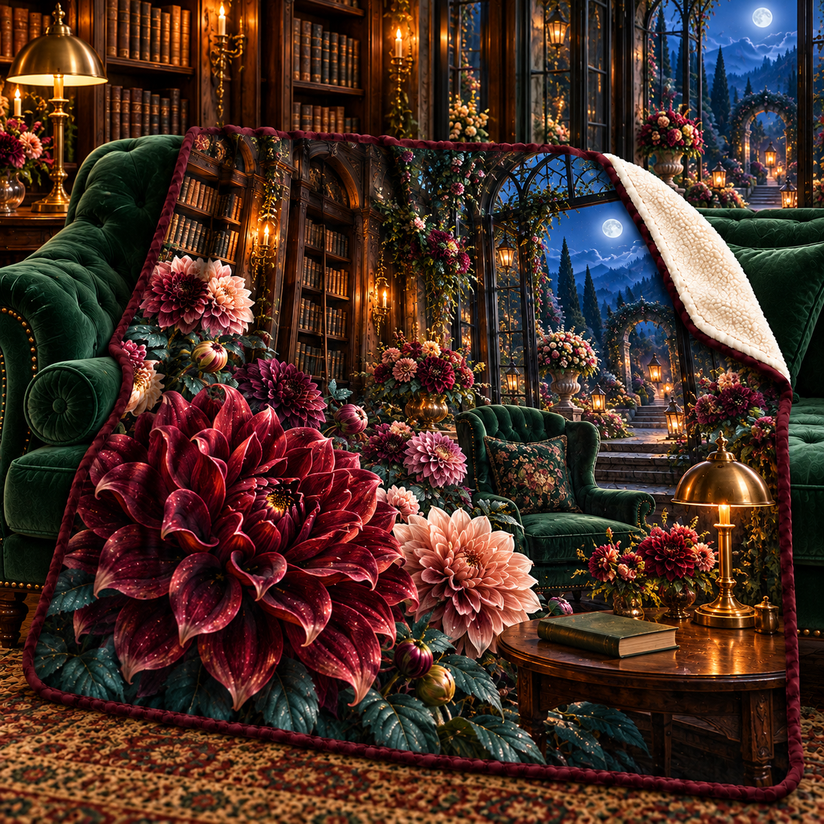 Dahlia Lantern Library Sherpa & Fleece Blanket with printed optical 3D artwork in its use setting