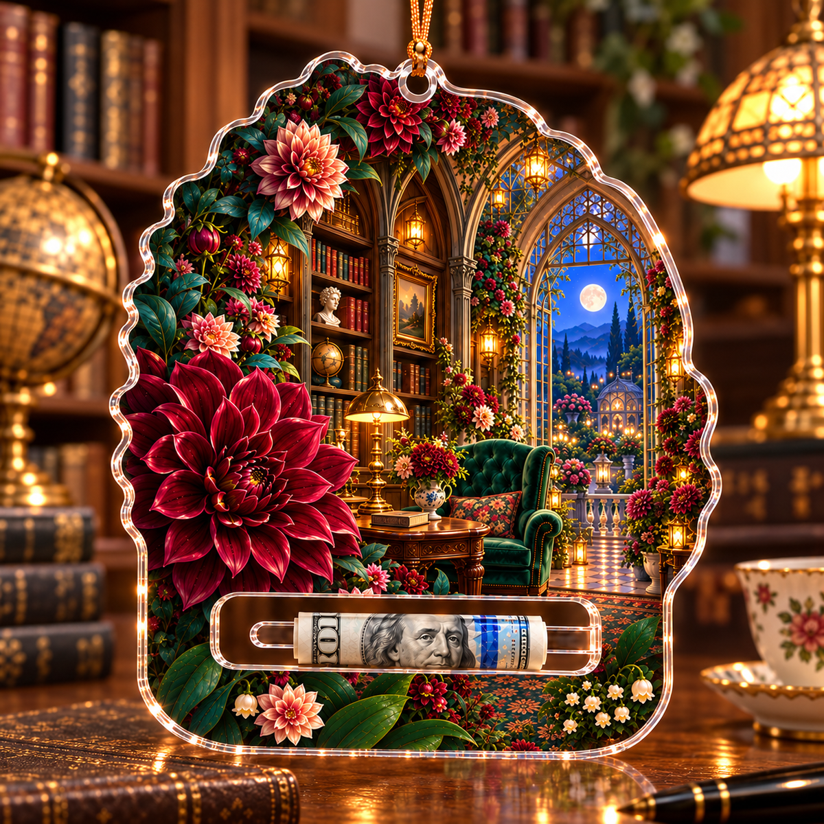 Dahlia Lantern Library Acrylic Cash Holder Ornament with printed optical 3D artwork in its use setting