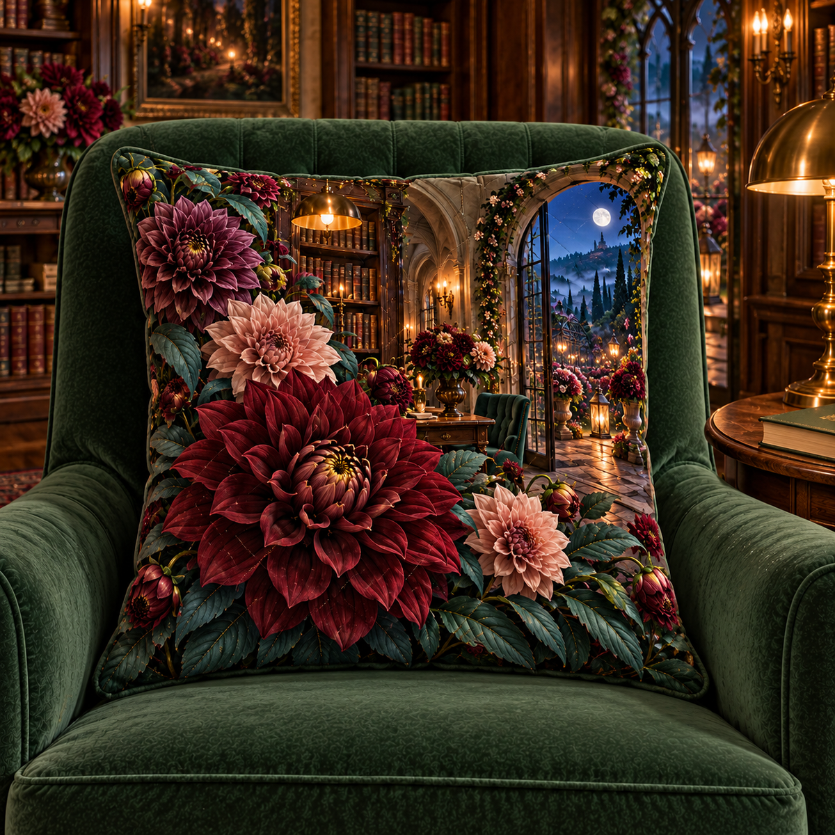 Dahlia Lantern Library Quilted Cushion Cover with printed optical 3D artwork in its use setting