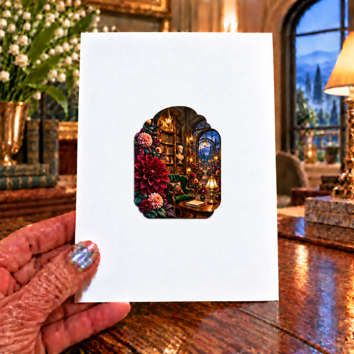 Dahlia Lantern Library Acrylic Refrigerator Magnet with printed optical 3D artwork in its use setting