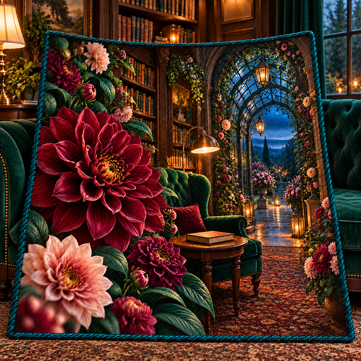 Dahlia Lantern Library Quilt Blanket with printed optical 3D artwork in its use setting