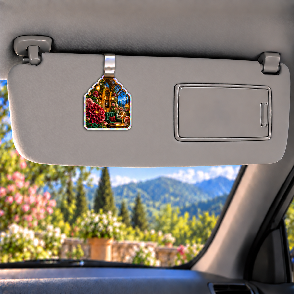 Dahlia Lantern Library Holographic Car Visor Clip with printed optical 3D artwork in its use setting