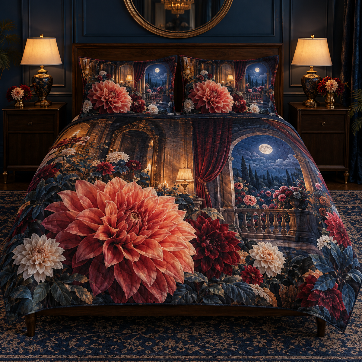 Dahlia Moon Bedroom Quilted Bedding Set with printed optical 3D artwork in its use setting