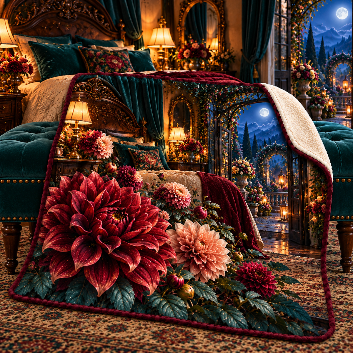 Dahlia Moon Bedroom Sherpa & Fleece Blanket with printed optical 3D artwork in its use setting