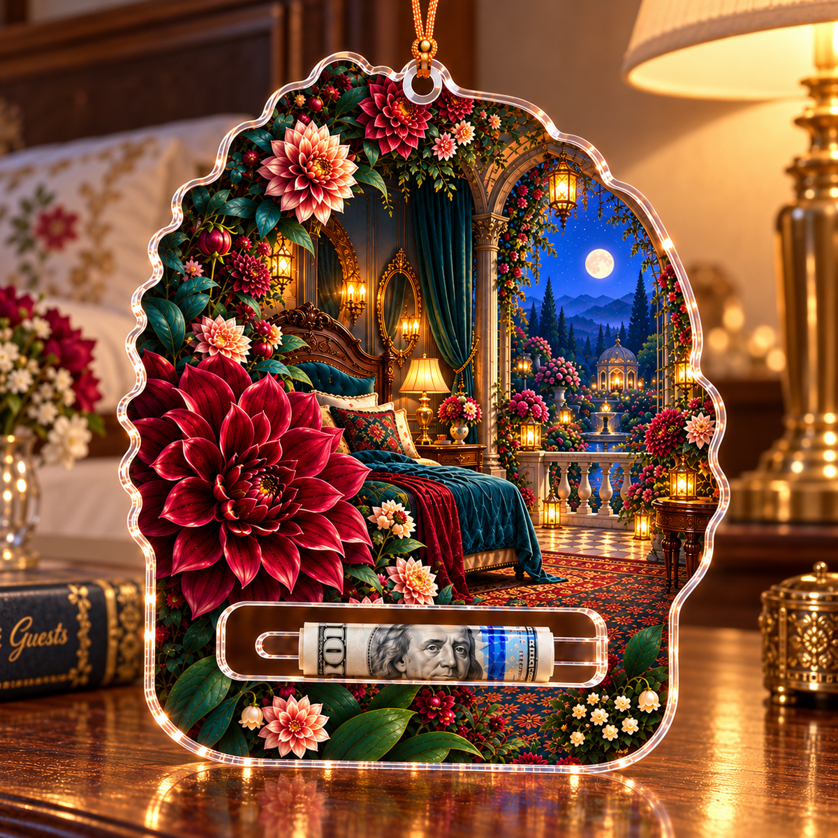 Dahlia Moon Bedroom Acrylic Cash Holder Ornament with printed optical 3D artwork in its use setting