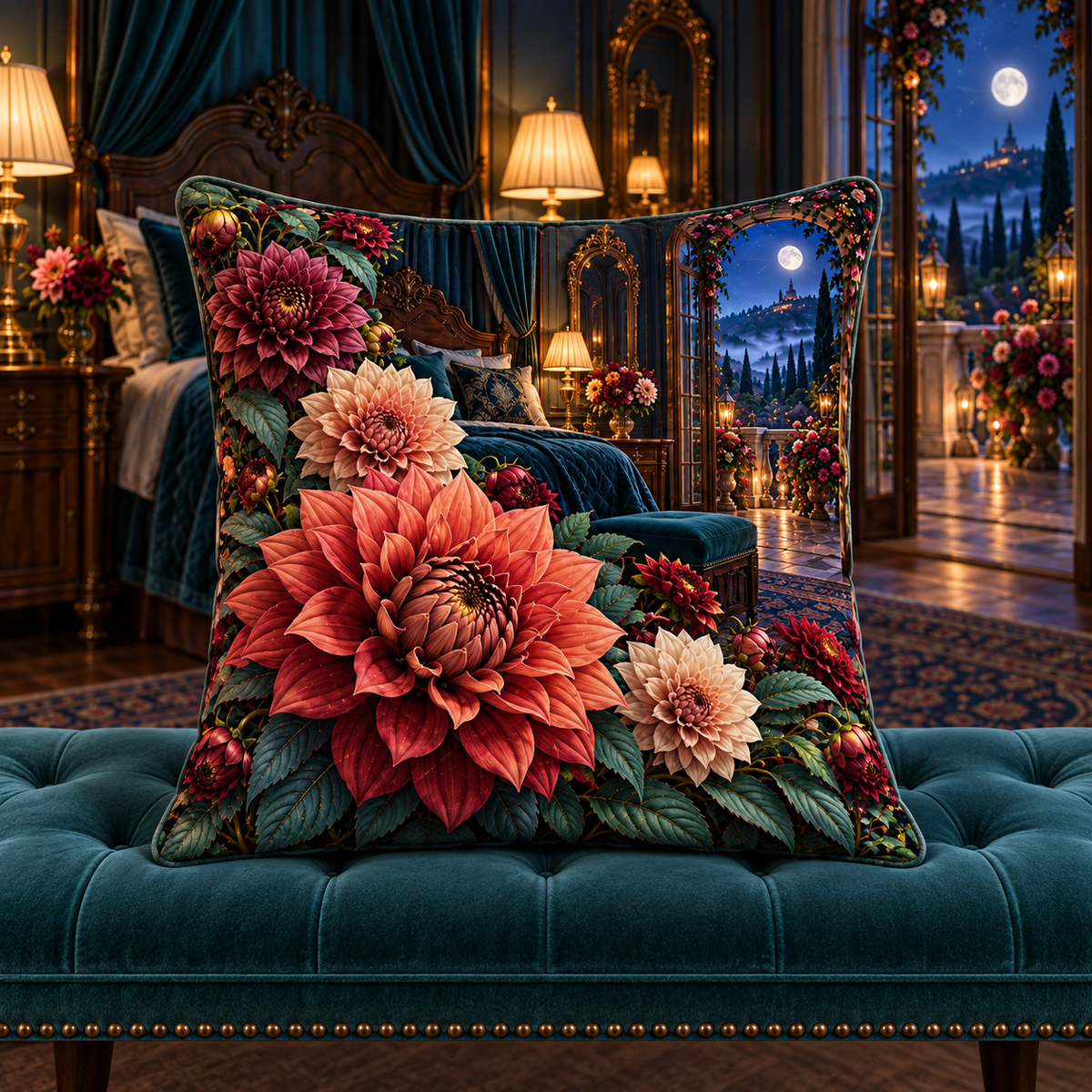 Dahlia Moon Bedroom Quilted Cushion Cover with printed optical 3D artwork in its use setting