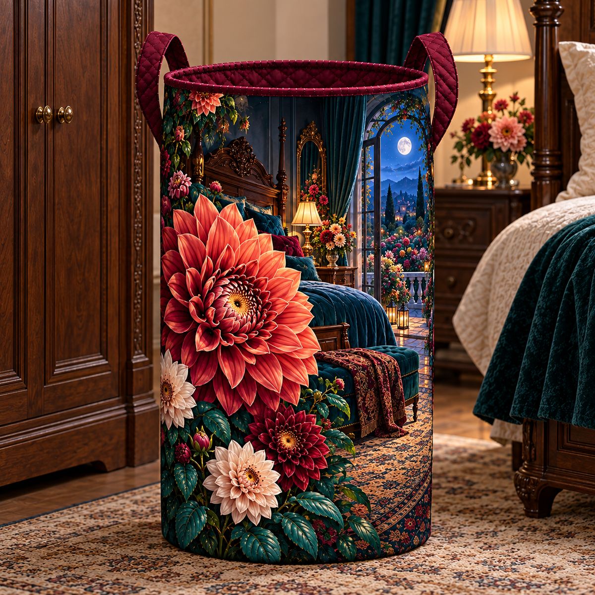 Dahlia Moon Bedroom Laundry Hamper with printed optical 3D artwork in its use setting