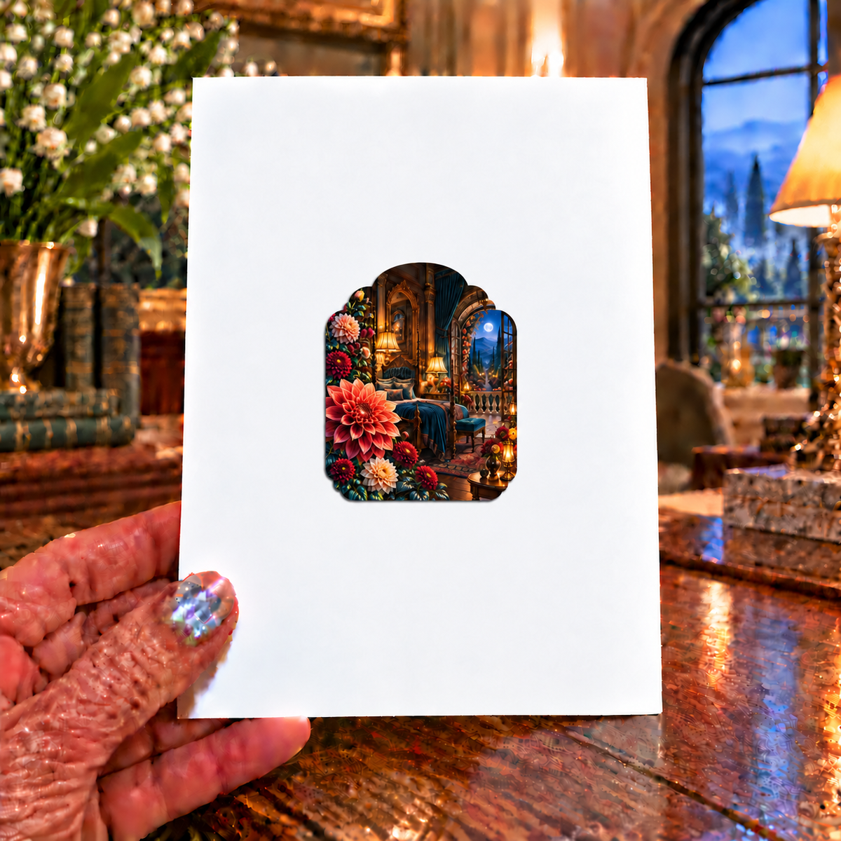 Dahlia Moon Bedroom Acrylic Refrigerator Magnet with printed optical 3D artwork in its use setting