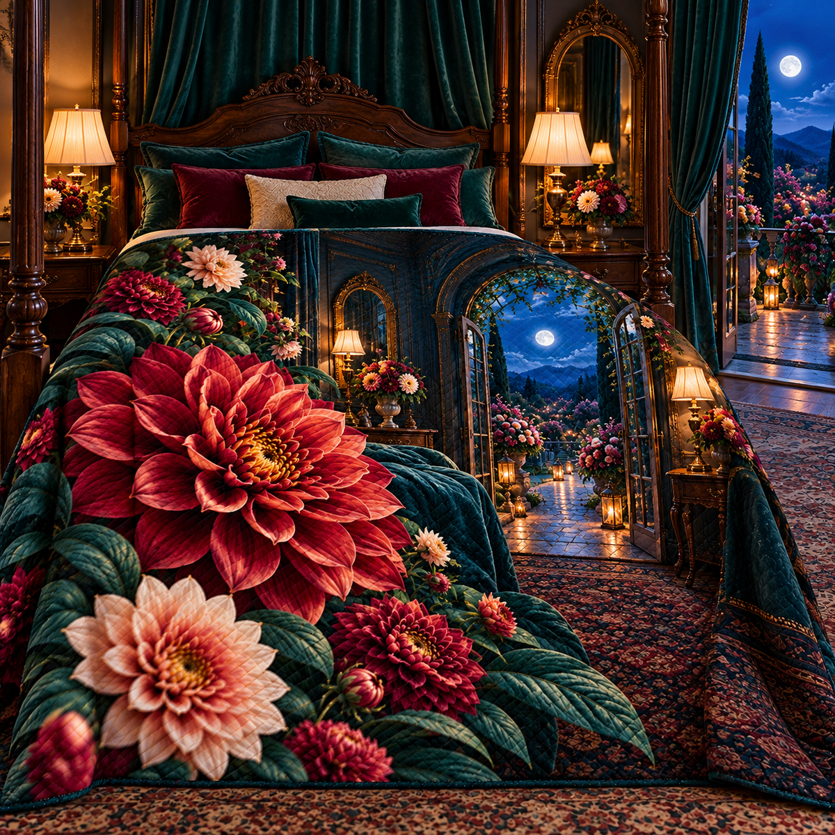 Dahlia Moon Bedroom Quilt Blanket with printed optical 3D artwork in its use setting