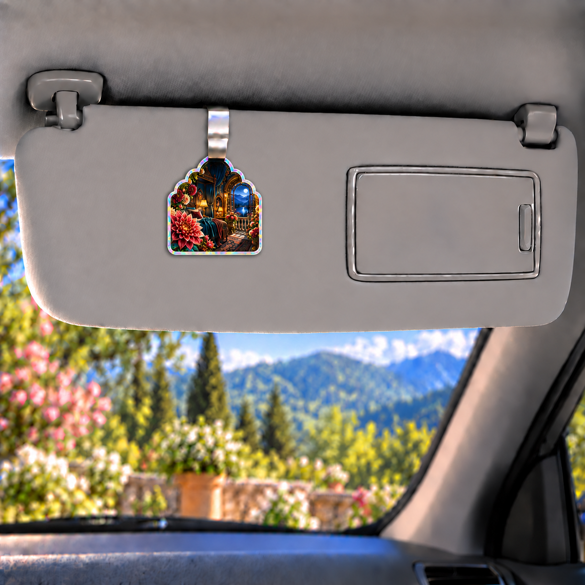 Dahlia Moon Bedroom Holographic Car Visor Clip with printed optical 3D artwork in its use setting