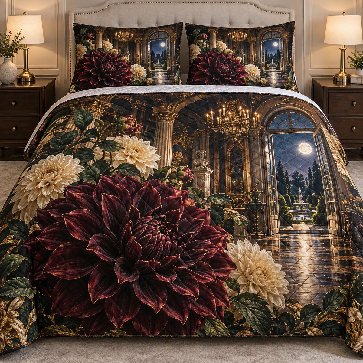 Dahlia Grand Salon Quilted Bedding Set with printed optical 3D artwork in its use setting