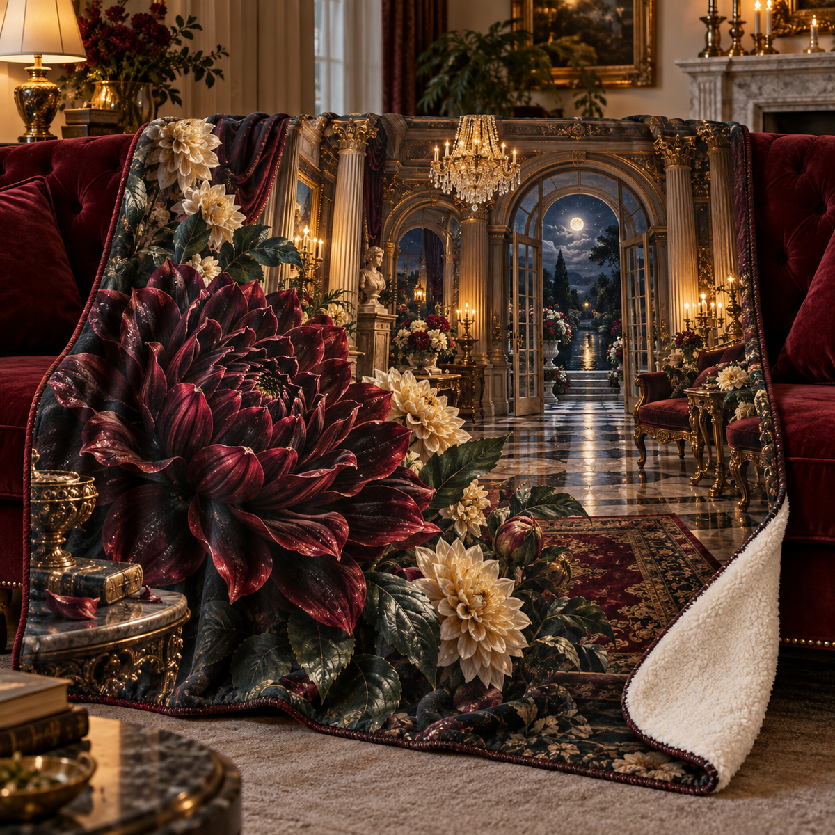 Dahlia Grand Salon Sherpa & Fleece Blanket with printed optical 3D artwork in its use setting