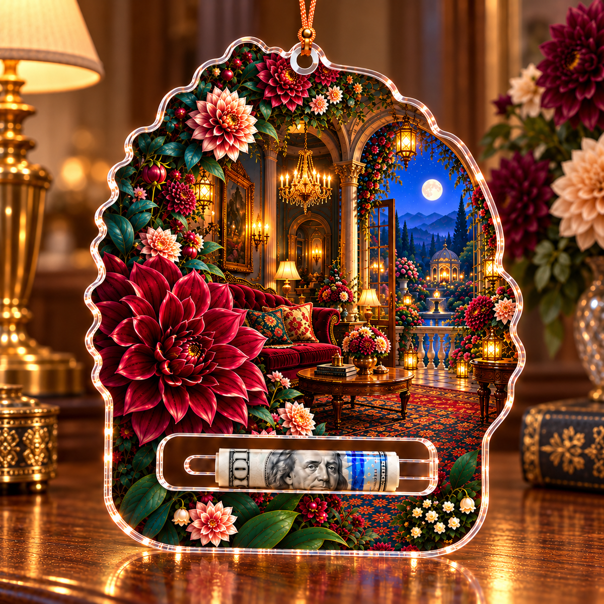 Dahlia Grand Salon Acrylic Cash Holder Ornament with printed optical 3D artwork in its use setting