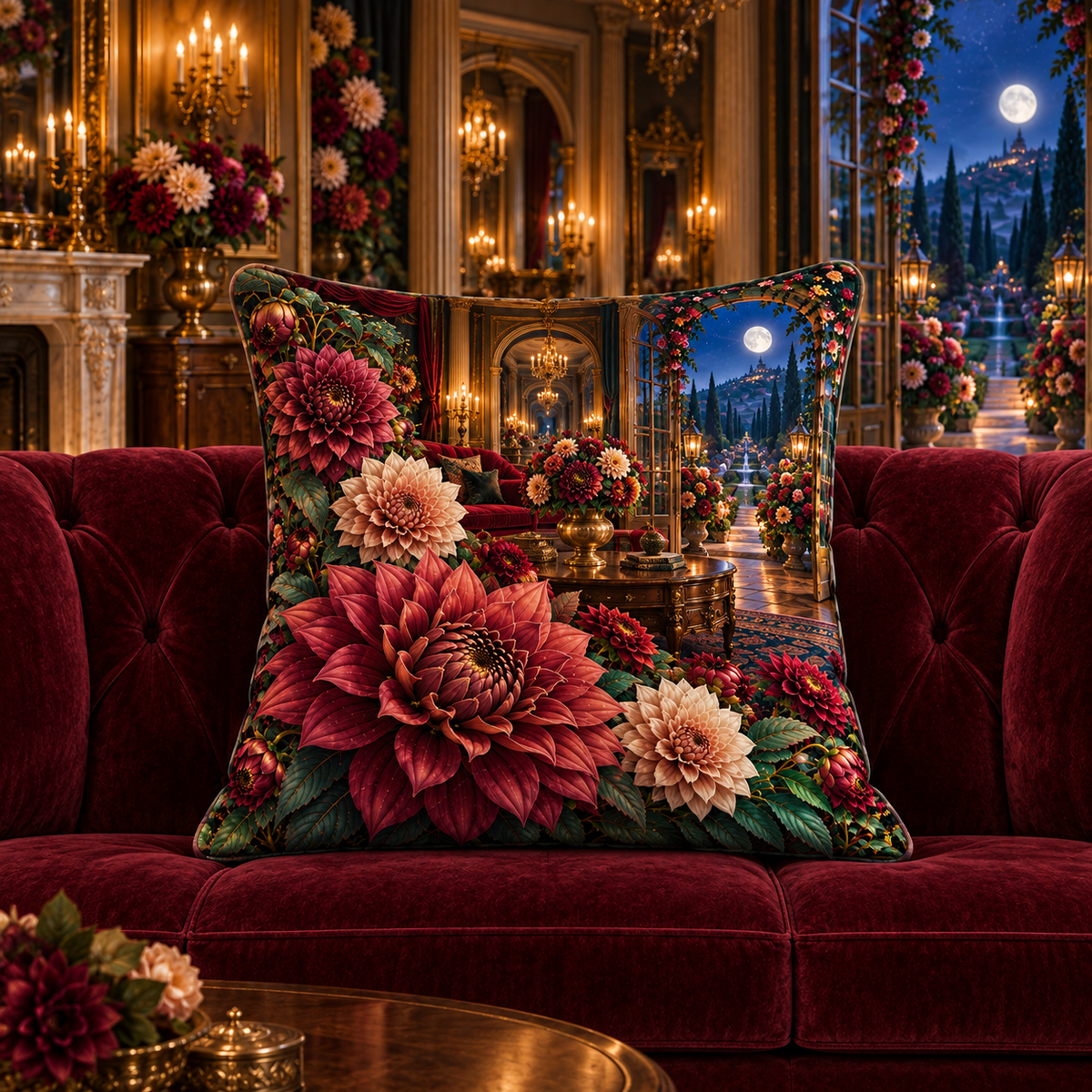 Dahlia Grand Salon Quilted Cushion Cover with printed optical 3D artwork in its use setting