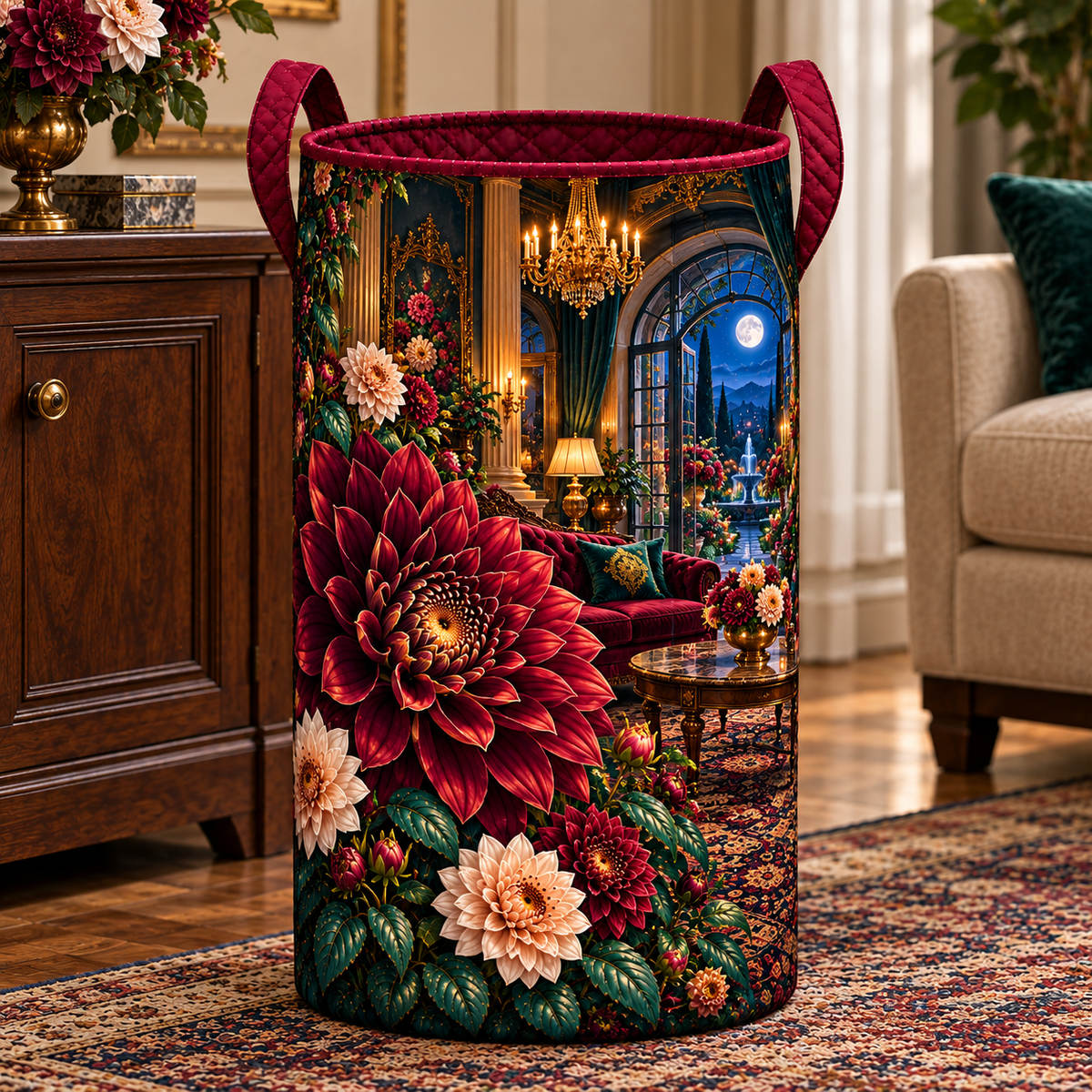 Dahlia Grand Salon Laundry Hamper with printed optical 3D artwork in its use setting
