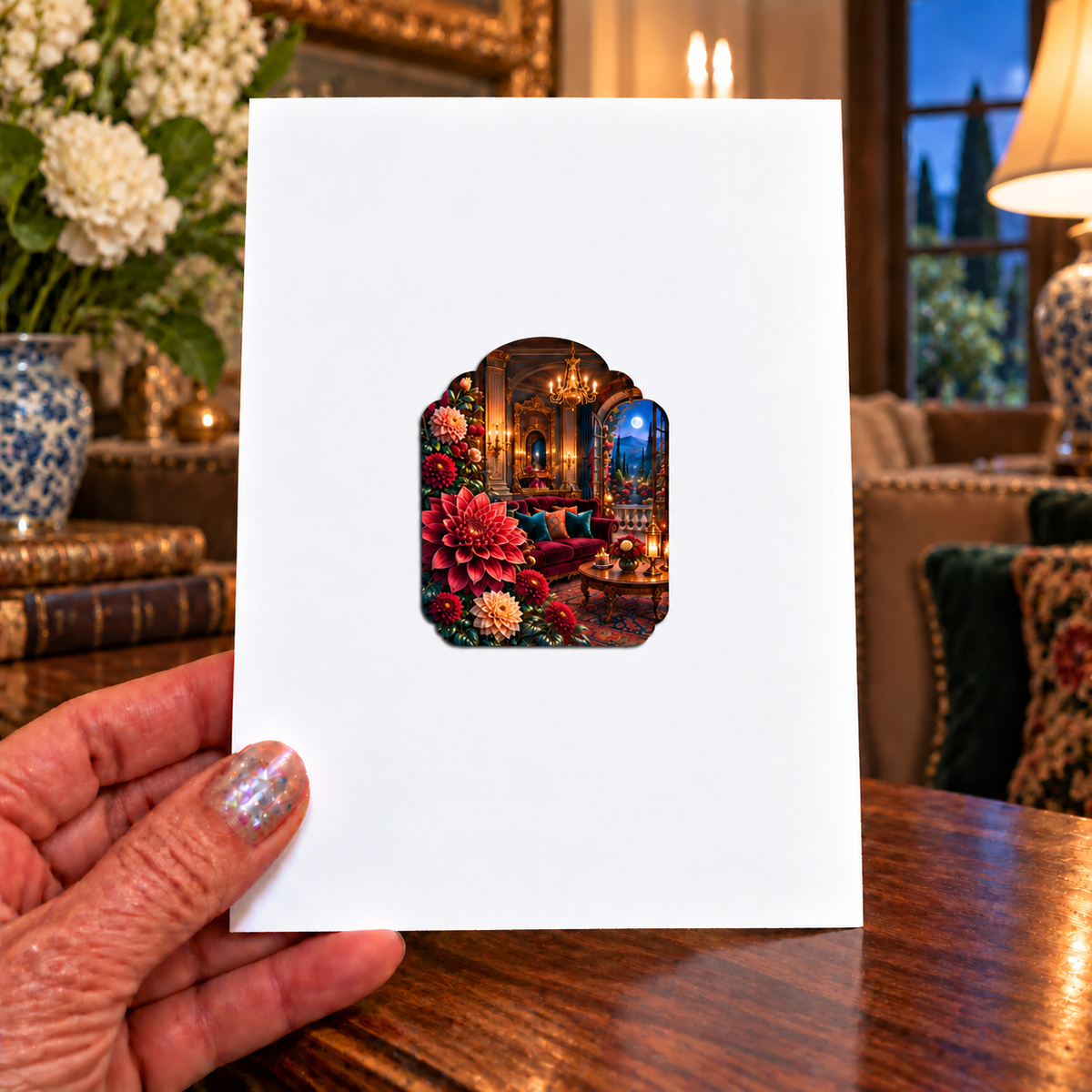 Dahlia Grand Salon Acrylic Refrigerator Magnet with printed optical 3D artwork in its use setting