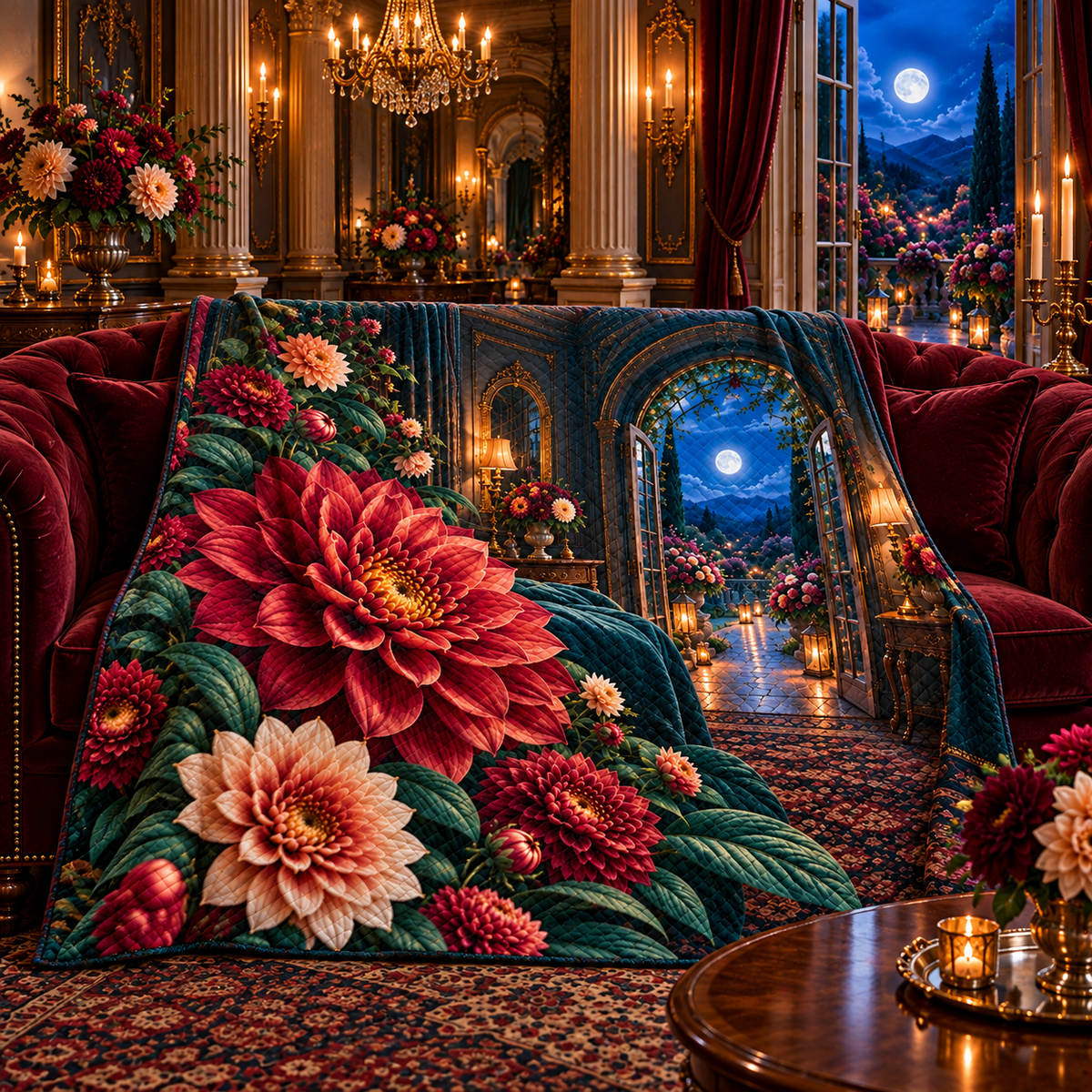 Dahlia Grand Salon Quilt Blanket with printed optical 3D artwork in its use setting