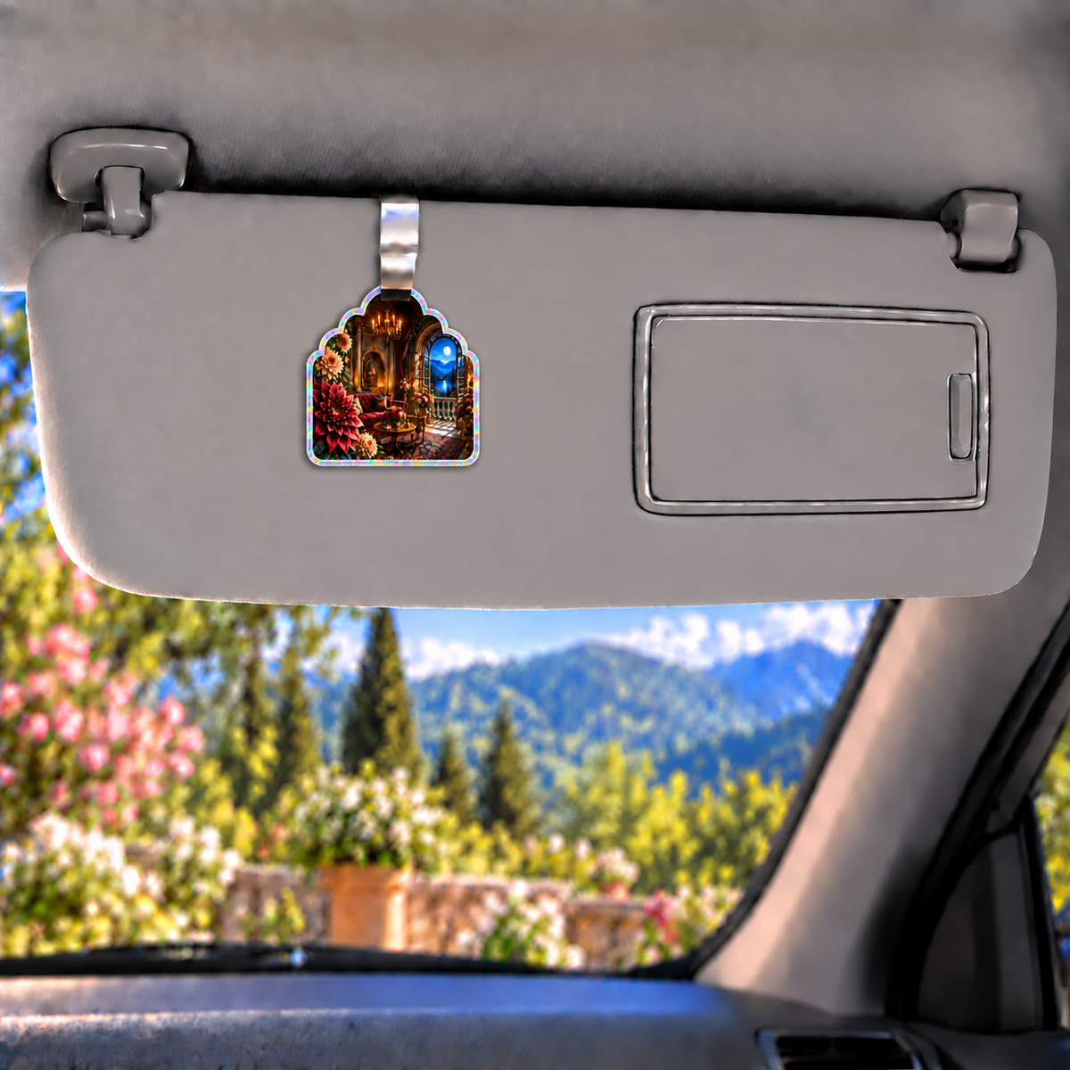 Dahlia Grand Salon Holographic Car Visor Clip with printed optical 3D artwork in its use setting