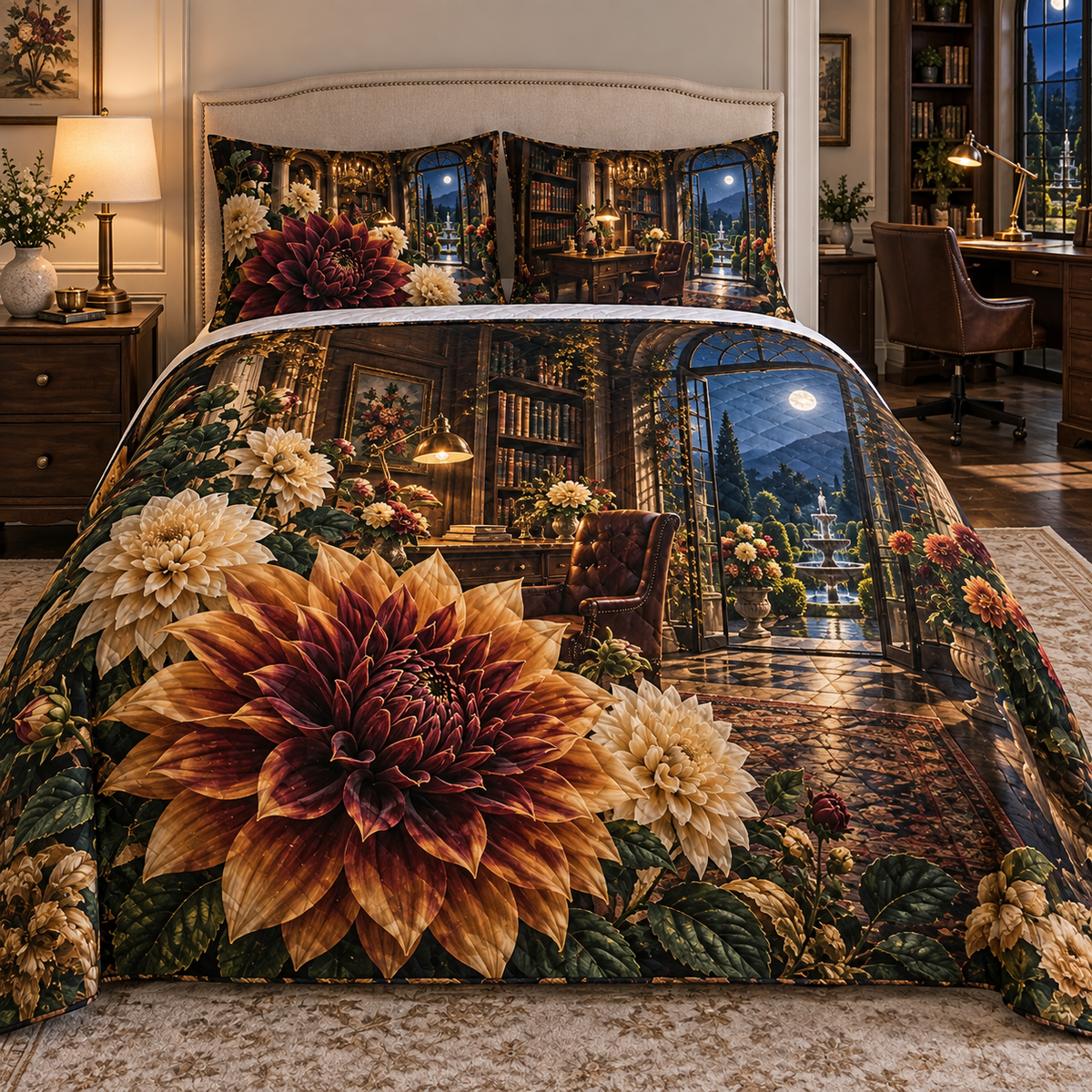 Dahlia Study Atrium Quilted Bedding Set with printed optical 3D artwork in its use setting