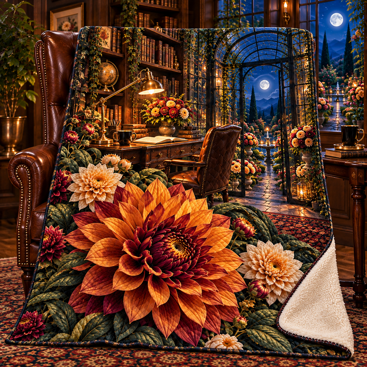 Dahlia Study Atrium Sherpa & Fleece Blanket with printed optical 3D artwork in its use setting