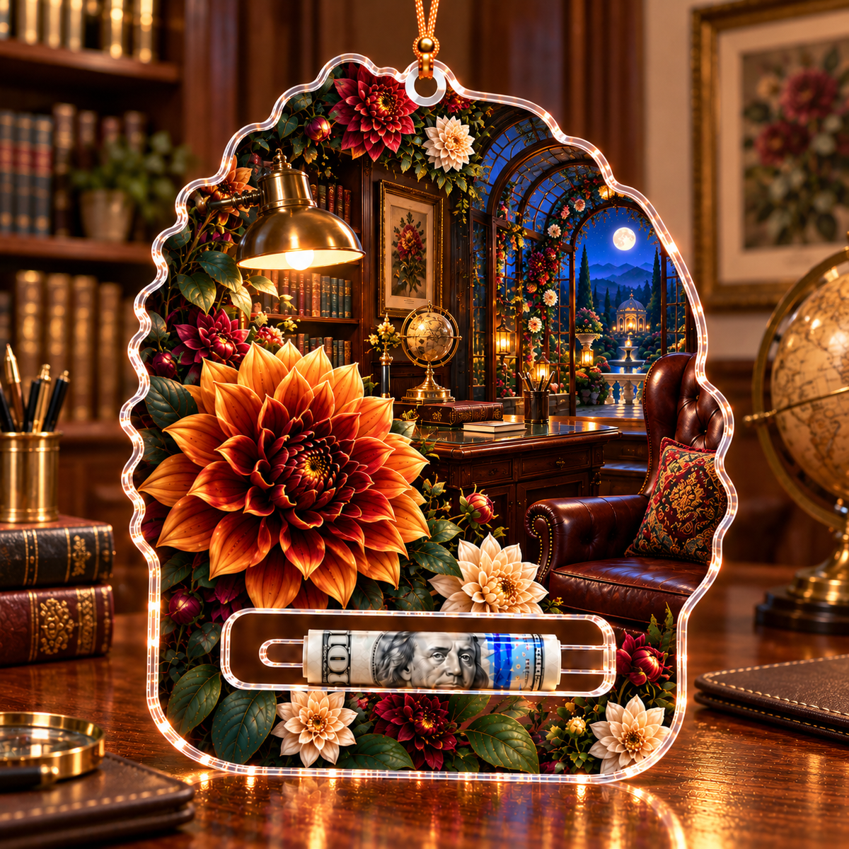 Dahlia Study Atrium Acrylic Cash Holder Ornament with printed optical 3D artwork in its use setting