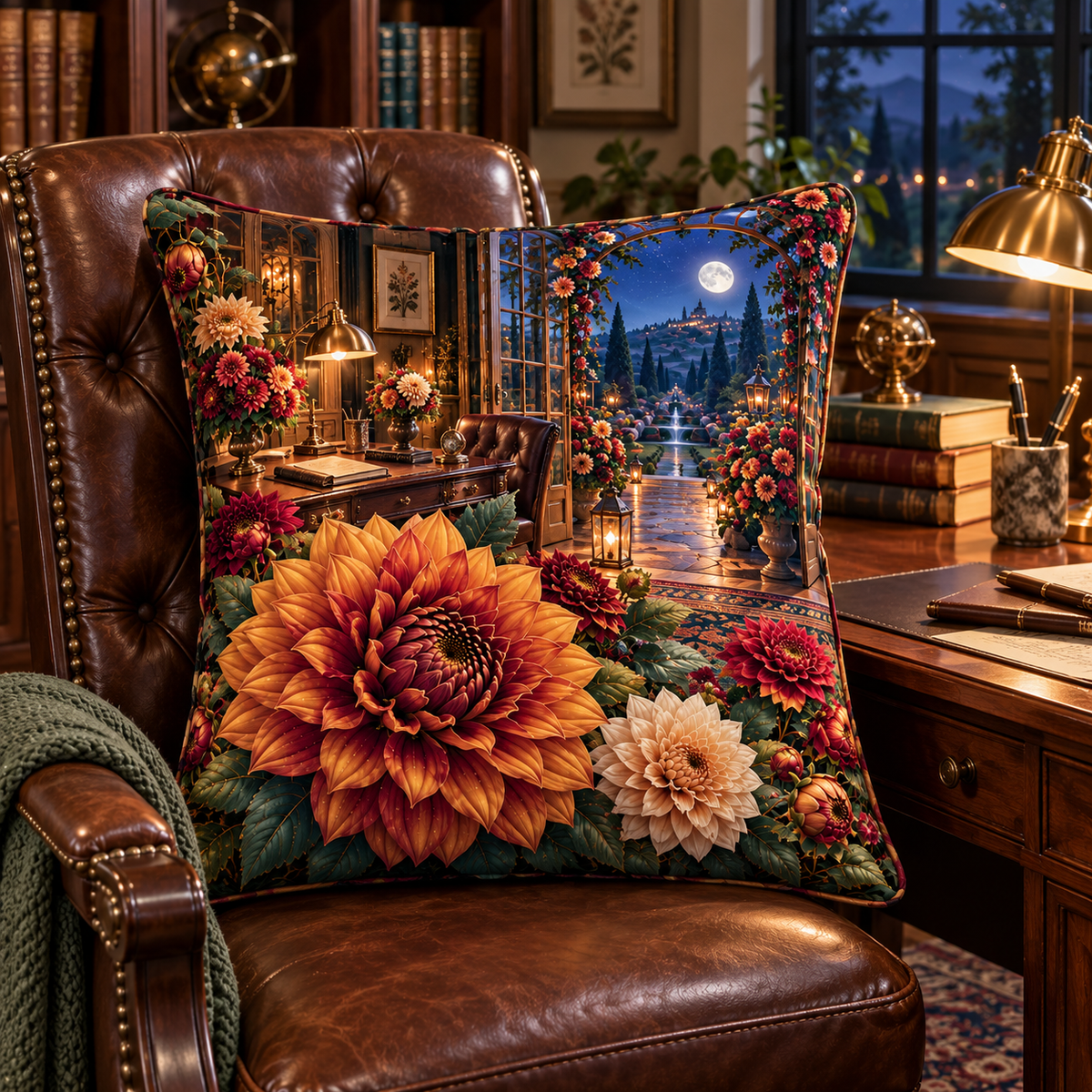 Dahlia Study Atrium Quilted Cushion Cover with printed optical 3D artwork in its use setting
